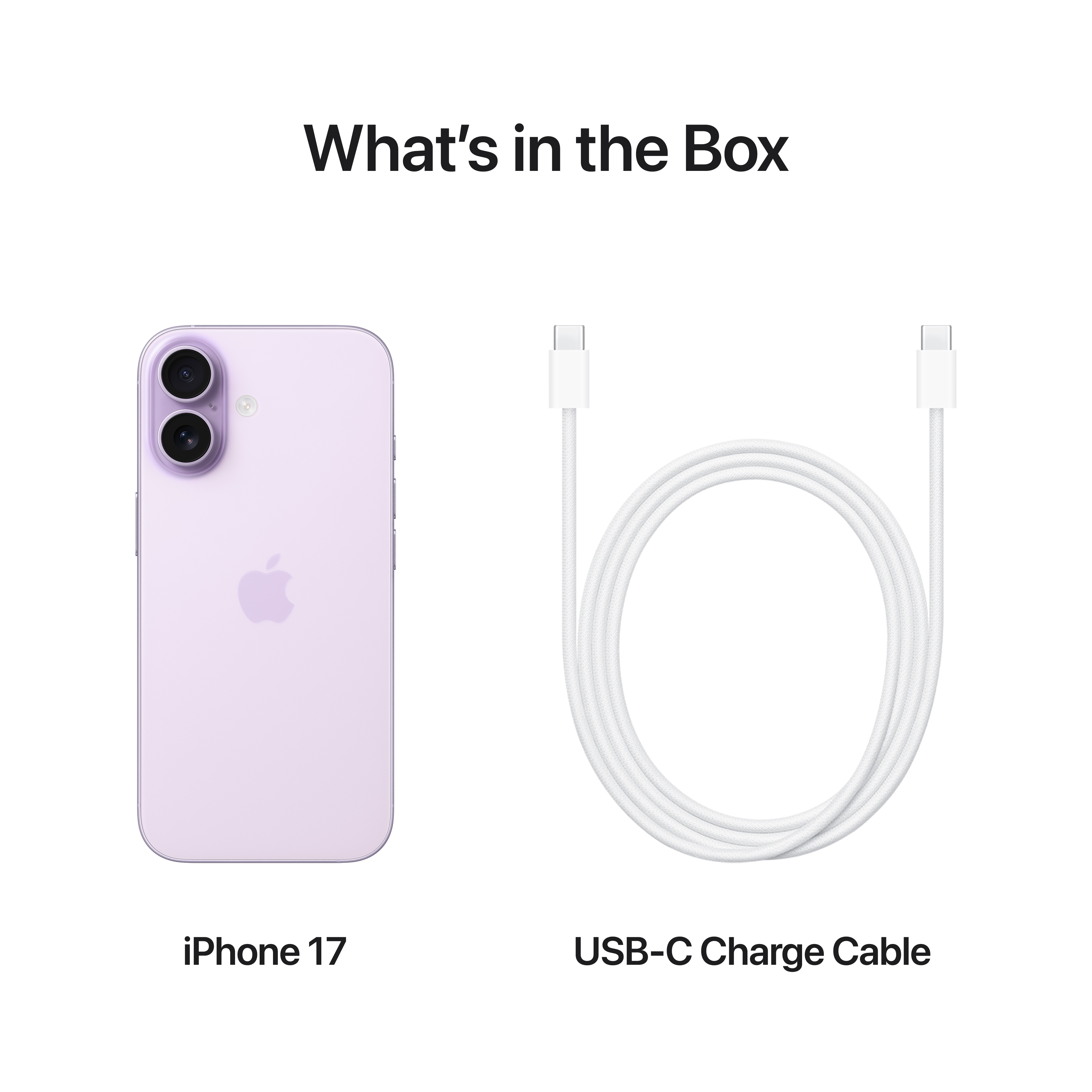 Das Bild zeigt ein iPhone 17 in Lila und ein weißes USB-C-Ladekabel. Text: Was ist in der Box.