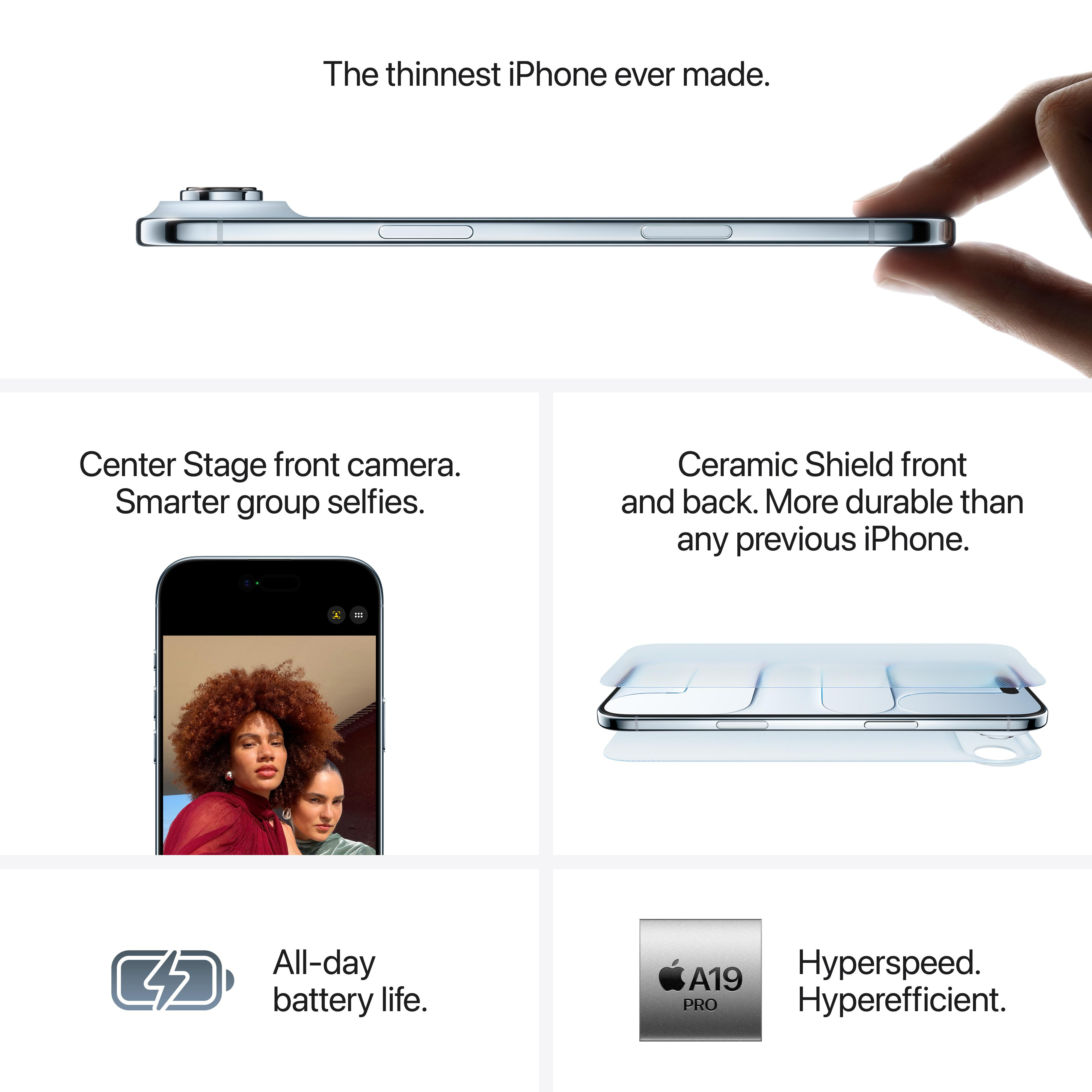 Ein iPhone wird von einer Hand gehalten. Merkmale sind Kamera, Akkulaufzeit und Chipdetails. Bilder von Personen werden gezeigt.