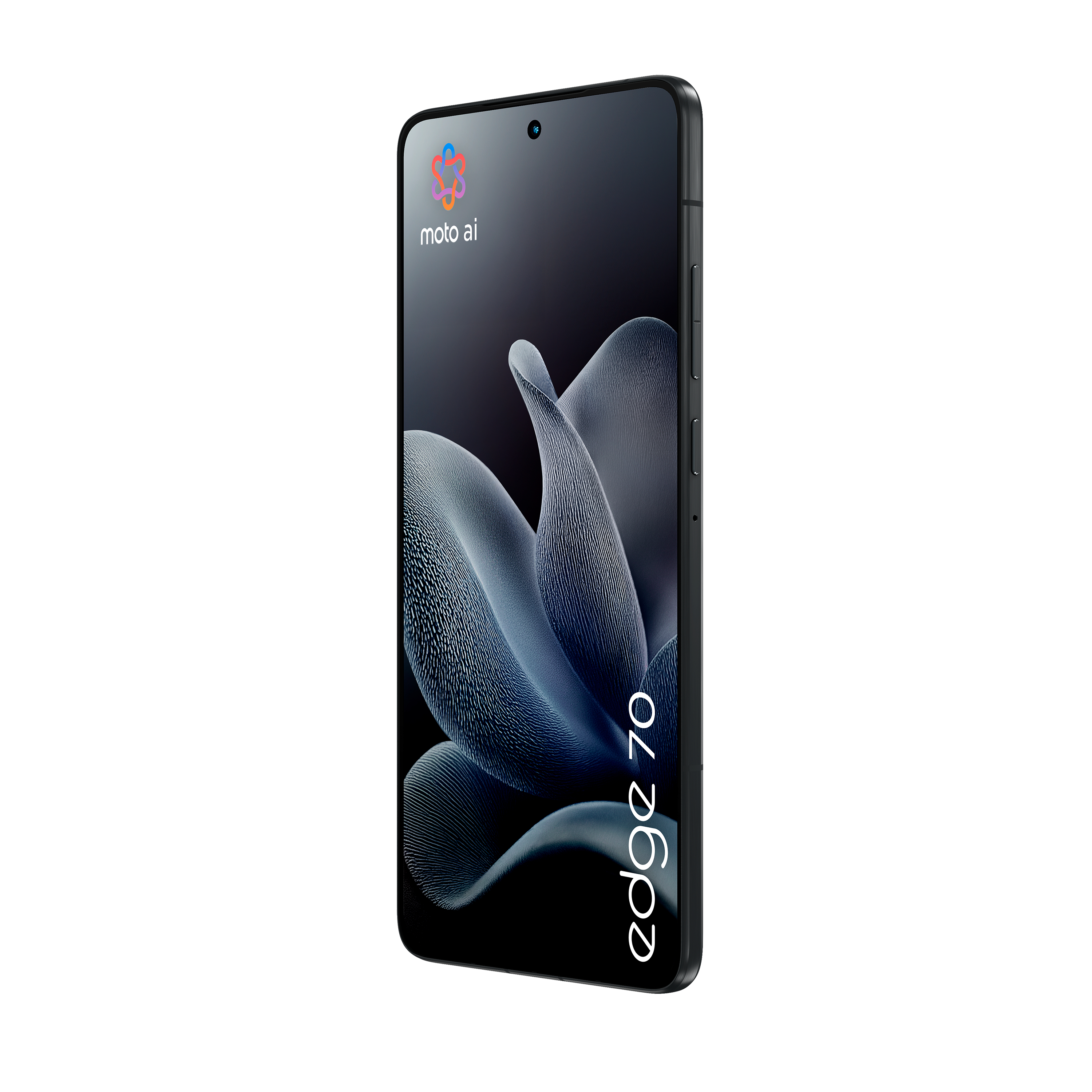 Ein schwarzes Smartphone mit gebogenem Bildschirm zeigt ein blaues abstraktes Design und die Wörter 'edge 70'.