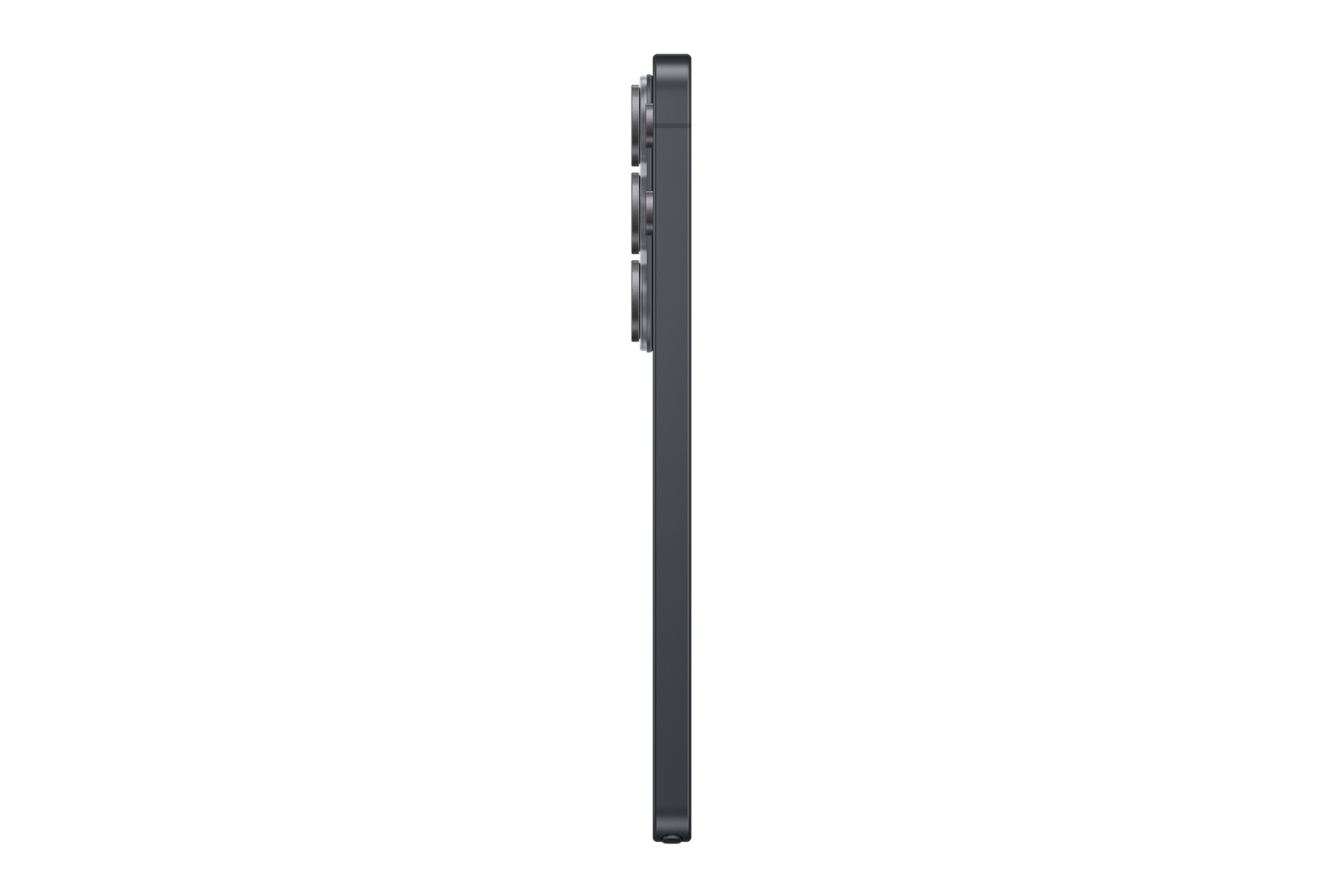 Dunkelgraues Smartphone von der Seite mit drei Kameralinsen.