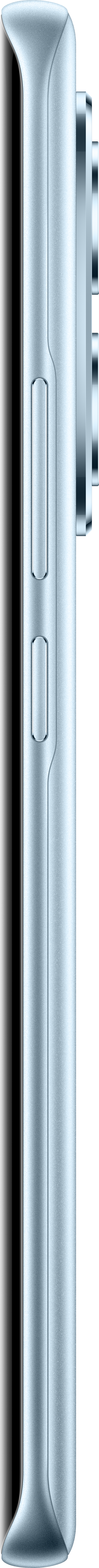 Seitenansicht eines hellblauen Smartphones mit Lautstärke- und Ein/Aus-Tasten. Kamerabuckel sichtbar.