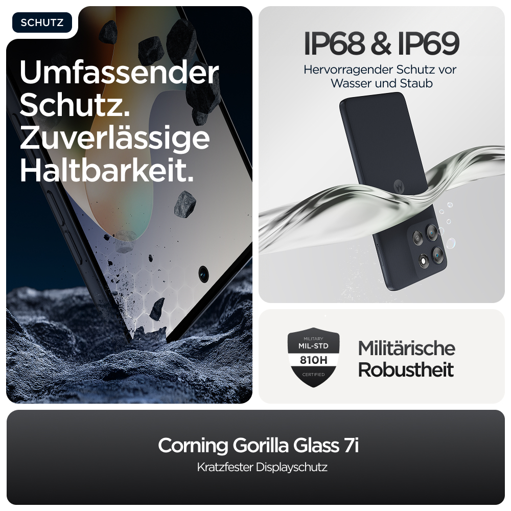 Handyhülle. Text: Schutz. Bild: Telefon mit Rissen. Text: Corning Gorilla Glass 7i.