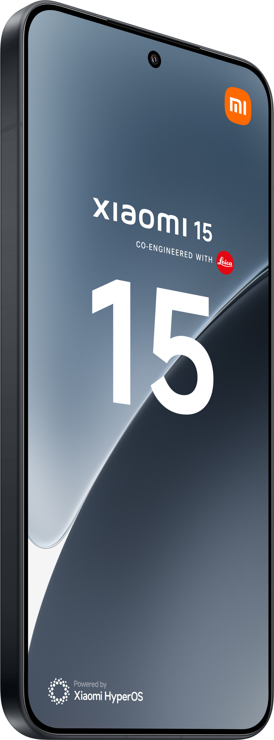 Ein schwarzes Xiaomi 15 Smartphone mit Seitenansicht.