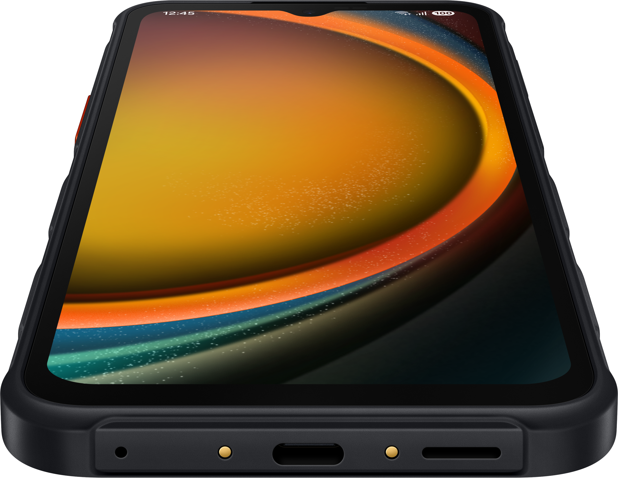 Nahaufnahme eines Smartphones. Der Bildschirm ist orange, schwarzer Rahmen. Das Telefon ist abgewinkelt.