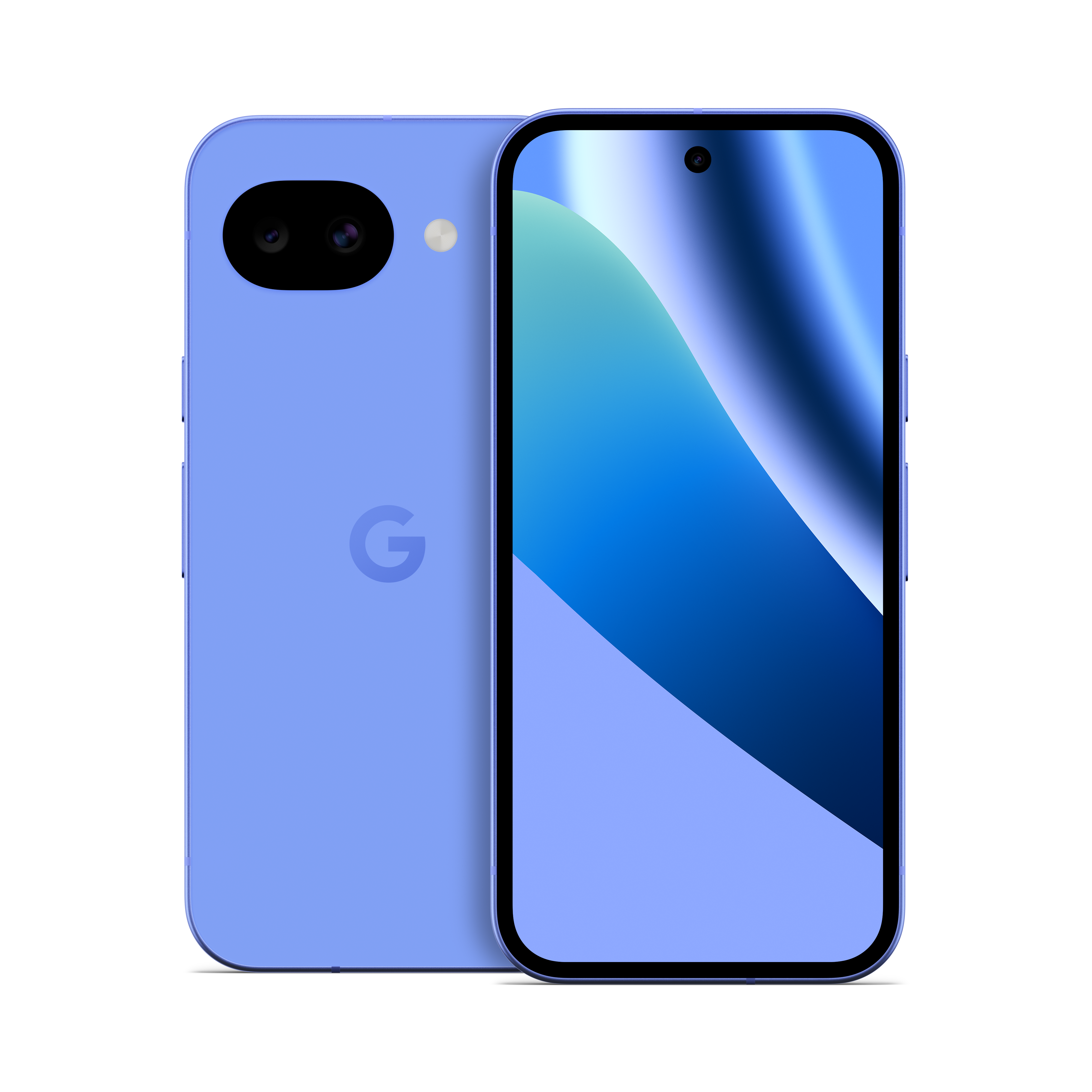 Ein hellblaues Smartphone mit zwei Kameras und einem Google-Logo auf der Rückseite.