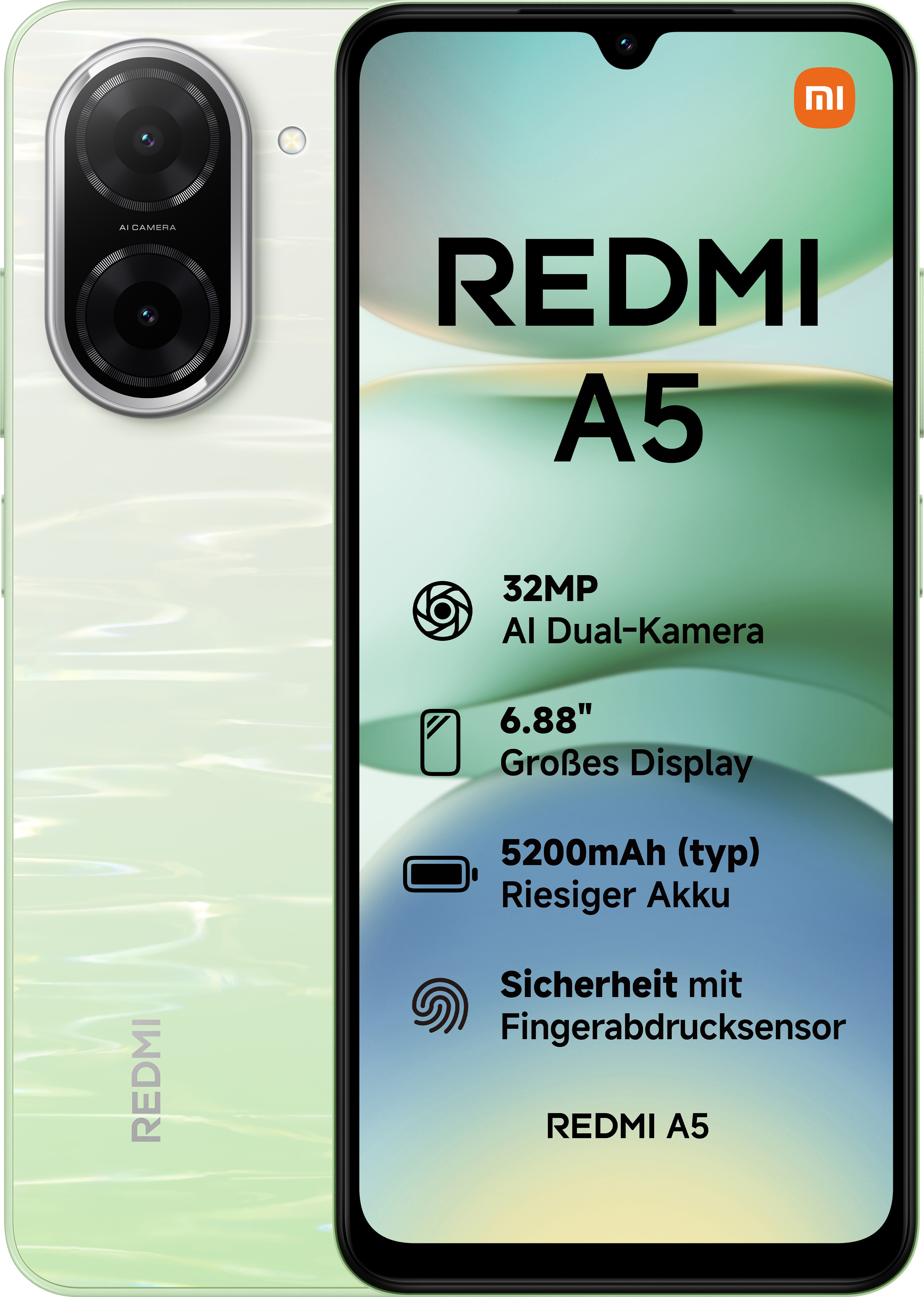 Redmi A5 Telefon mit hellgrüner Rückseite und Telefonbildschirm. Weißer Hintergrund.