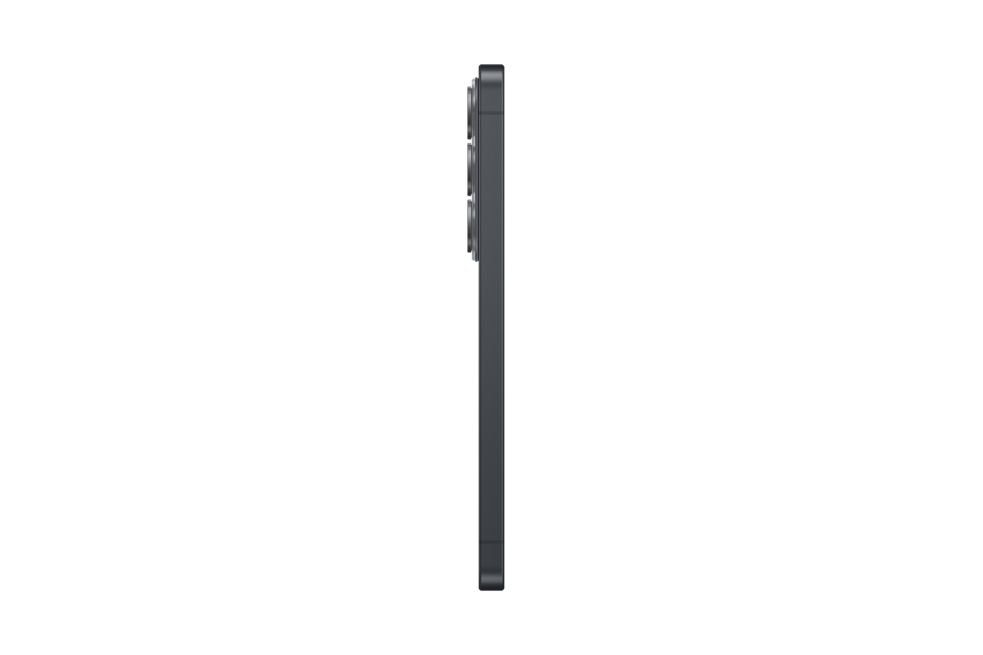 Dunkelgraues Smartphone von der Seite vor schwarzem Hintergrund, Kameralinsen sichtbar.
