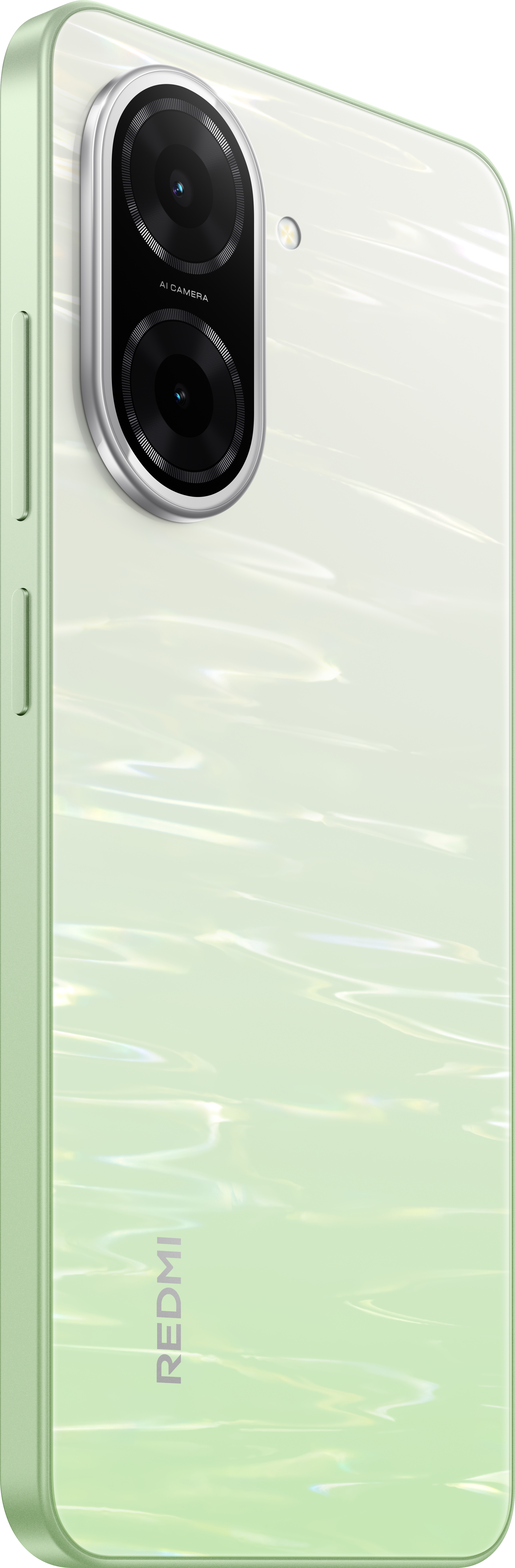 Grünes Telefon mit zwei Rückkameras. Es hat eine glänzende Oberfläche und ein Redmi-Logo.
