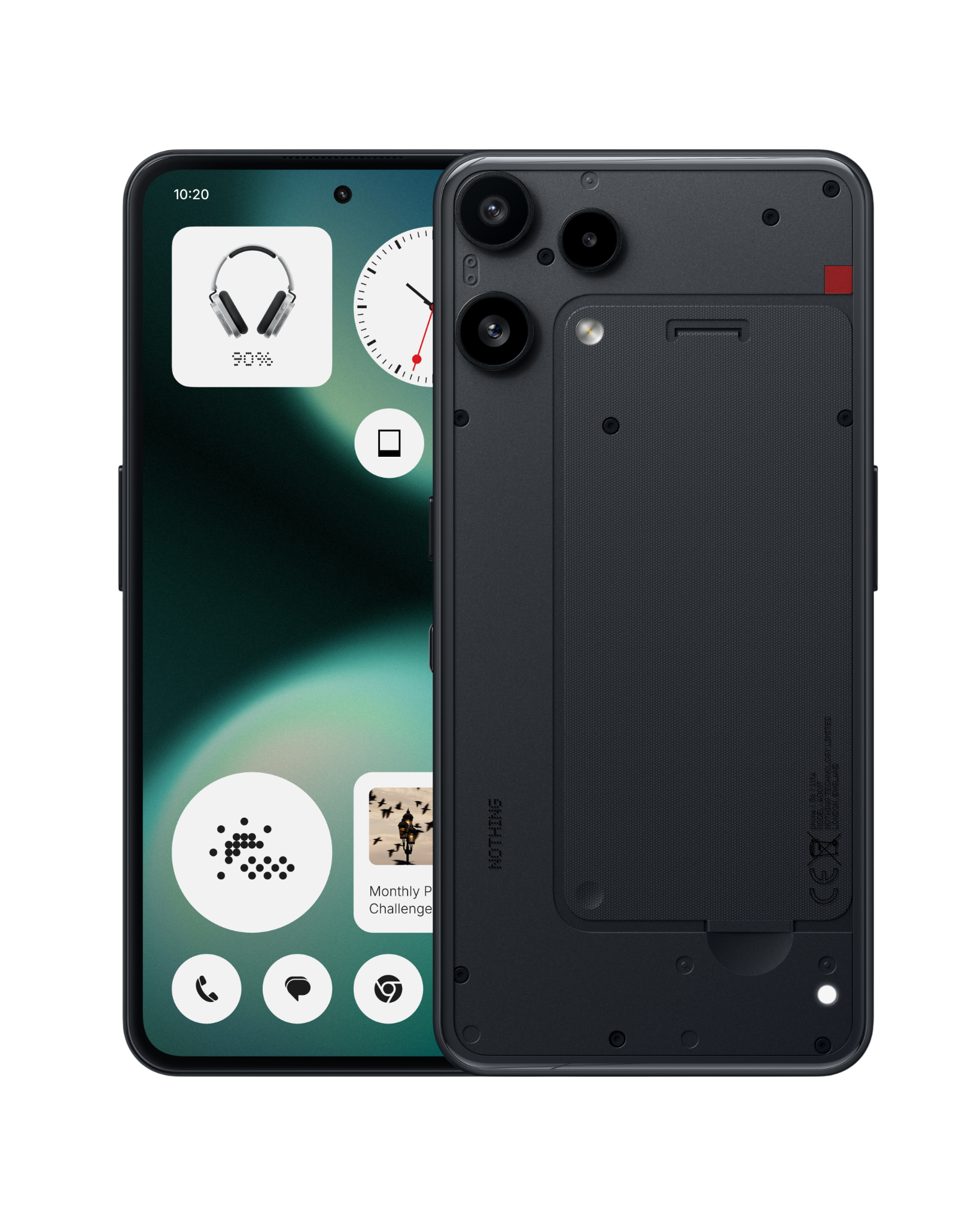 Schwarzes Smartphone, das den Bildschirm mit Kopfhörersymbol und die Rückseite mit Kameras zeigt. Schwarzer Hintergrund.