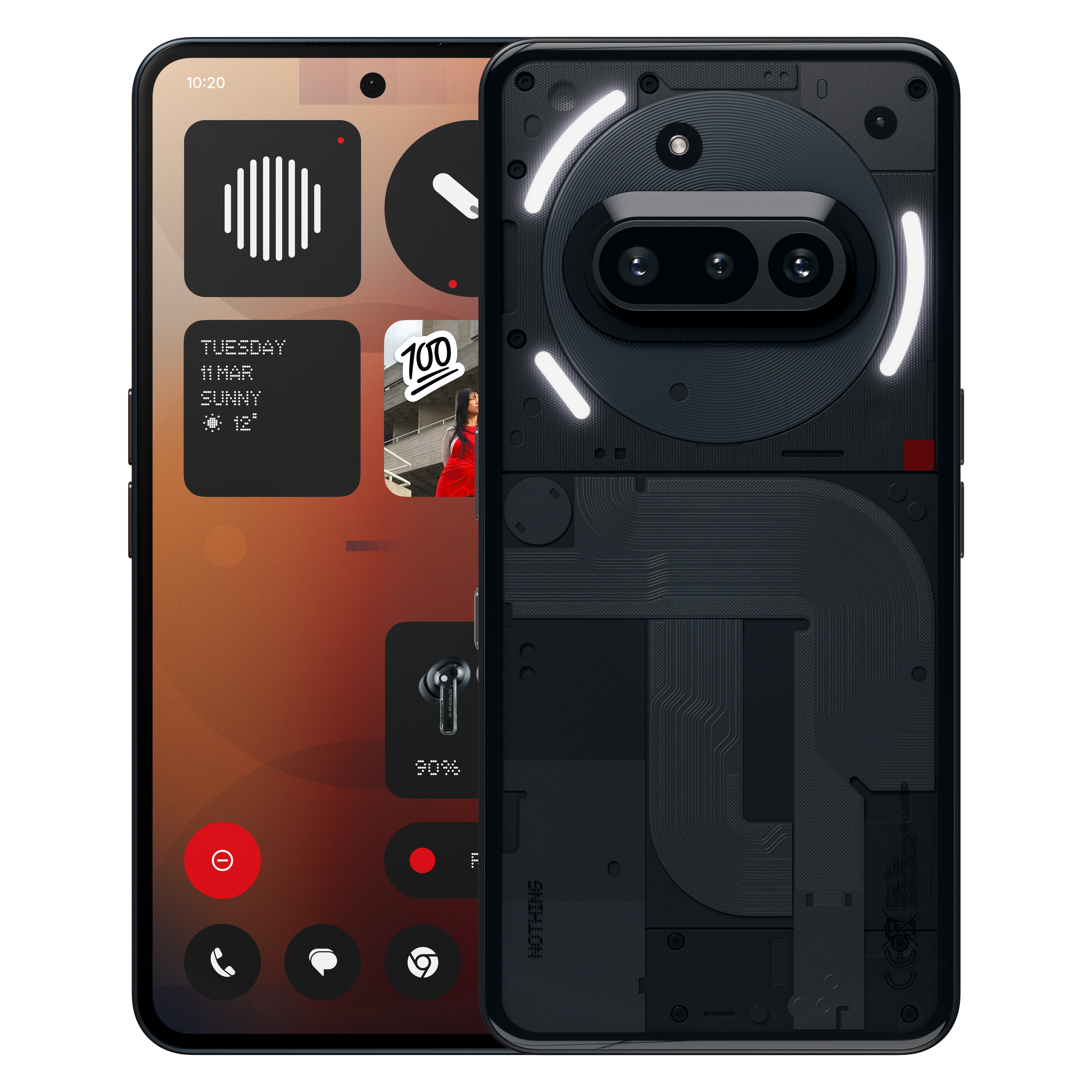 Schwarzes Telefon mit transparentem Rücken, der interne Komponenten zeigt. Der Bildschirm zeigt Widgets.