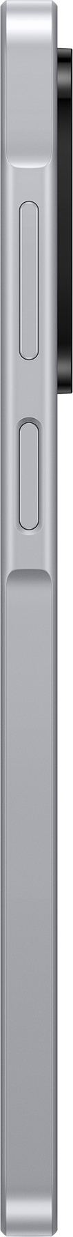 Nahaufnahme der Seite eines silbernen Smartphones mit Lautstärketasten, Ein-/Aus-Taste und einer dunkelgrauen Seite.
