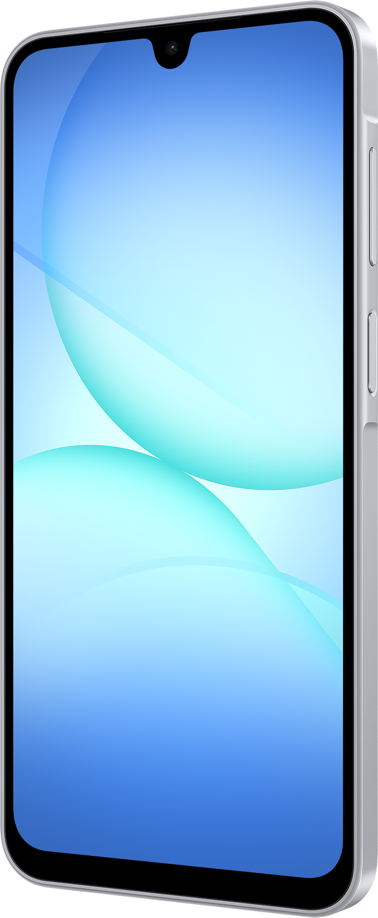 Ein Smartphone mit blauem und hellblauem Farbverlauf. Das Telefon hat einen silbernen Rahmen. Eine Frontkamera ist sichtbar.