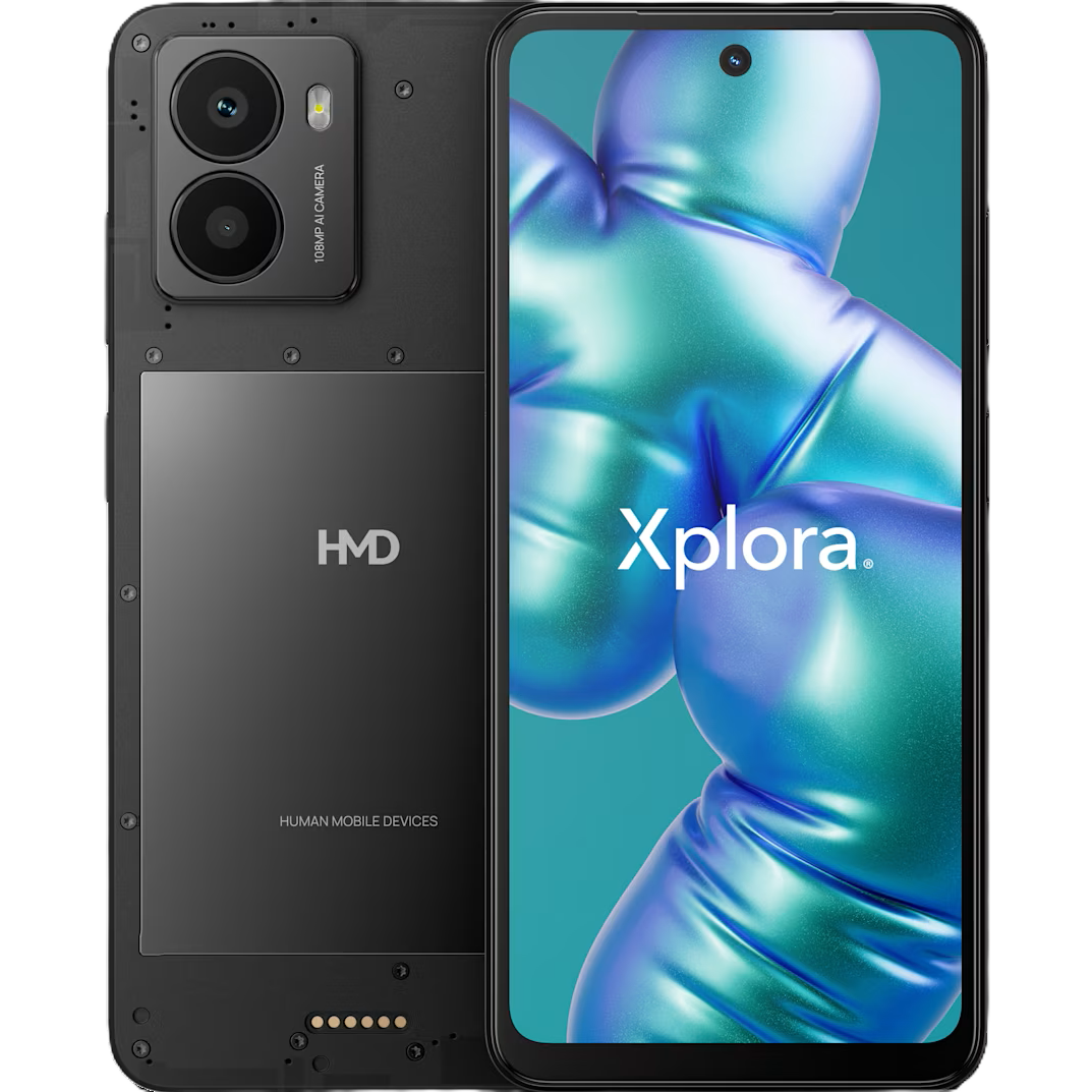 Schwarzes Smartphone mit Dual-Kamera und Bildschirm, der ein blaues, abstraktes Design zeigt. Der Markenname 'Xplora' ist auf dem Bildschirm.