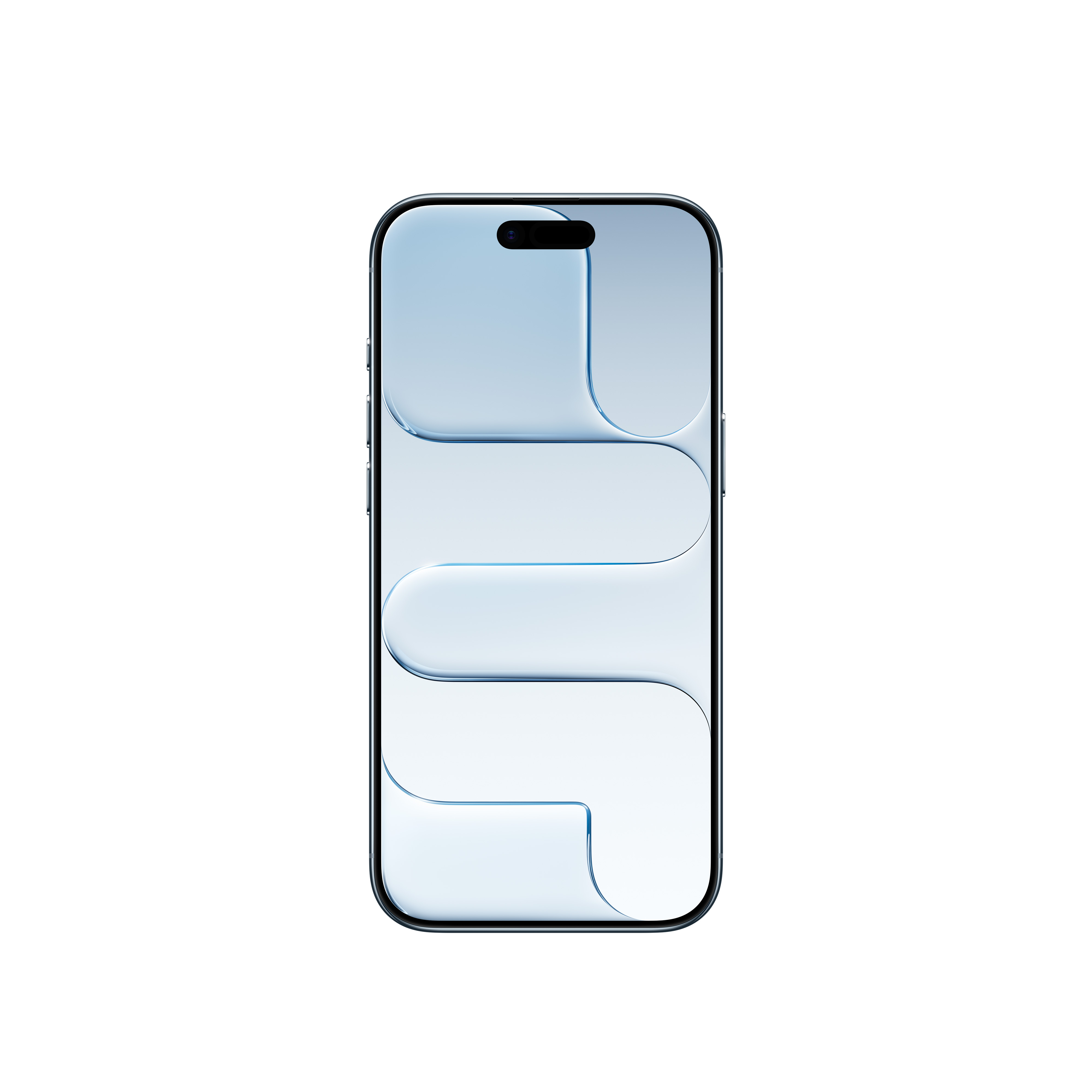 Ein Smartphone mit einem abstrakten Design in Blau und Weiß auf dem Bildschirm, schwarzem Rahmen und weißem Hintergrund.