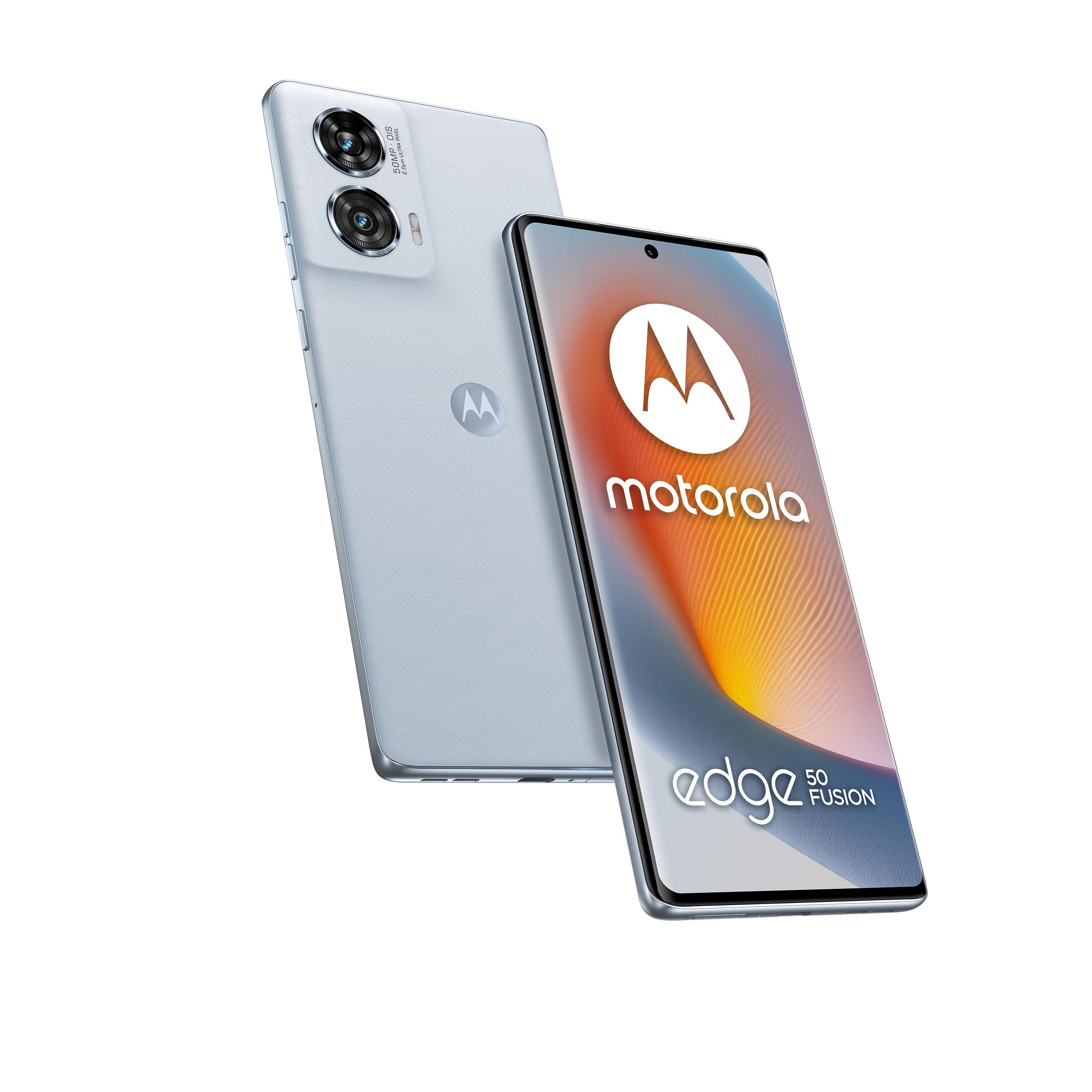Motorola Edge 50 Fusion Telefon, hellblaue Farbe, abgewinkelt. Die Rückseite eines anderen Telefons ist sichtbar.
