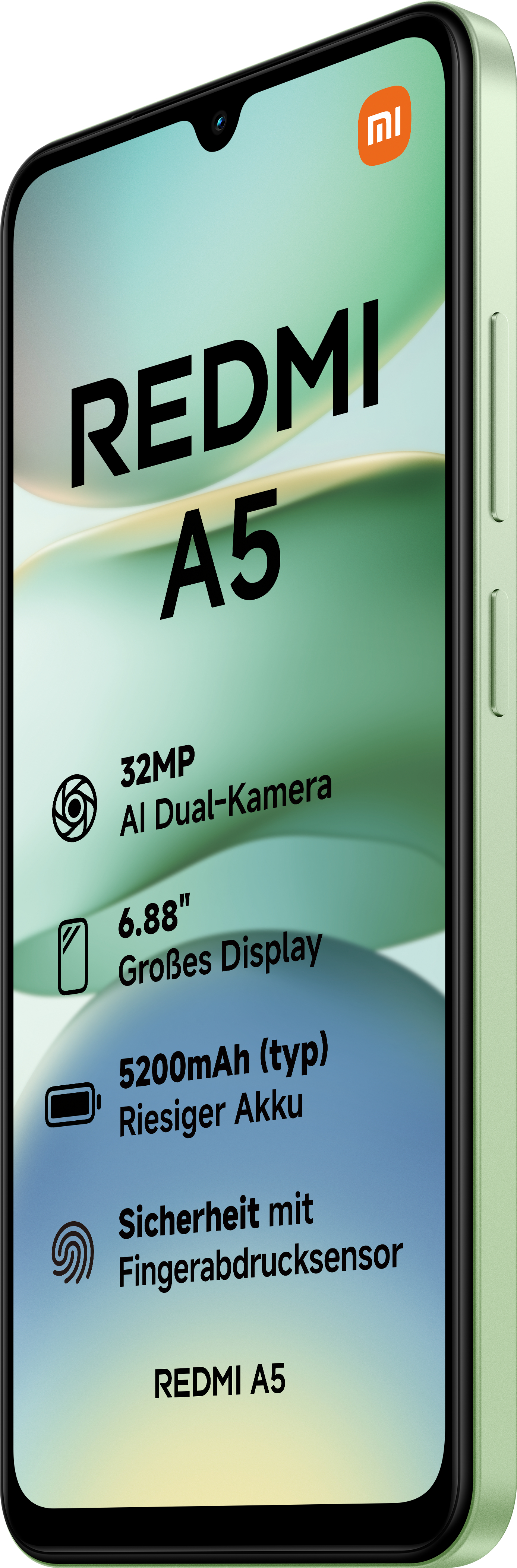 Grünes Smartphone mit Text, das die Details und Spezifikationen des Telefons zeigt.