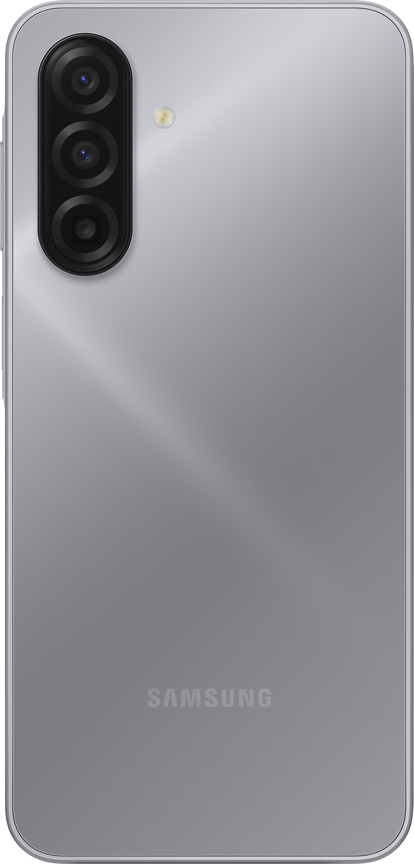 Rückseite des silbernen Smartphones. Mit Dreifach-Kamera, Blitz und Samsung-Logo. Sauberes, modernes Design.