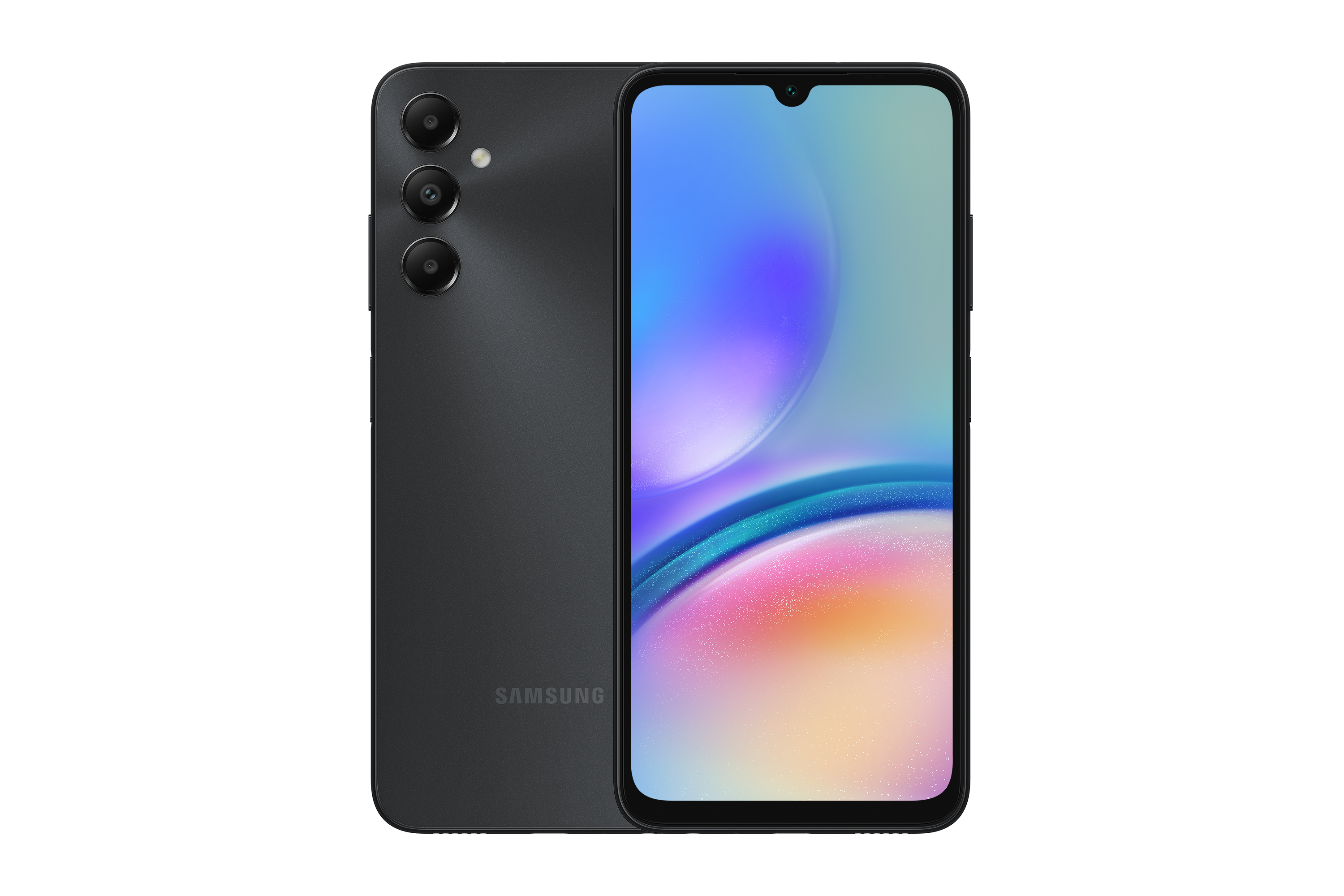 Ein Smartphone in grauer Farbe, Rück- und Vorderansicht. Mehrere Kameras auf der Rückseite.