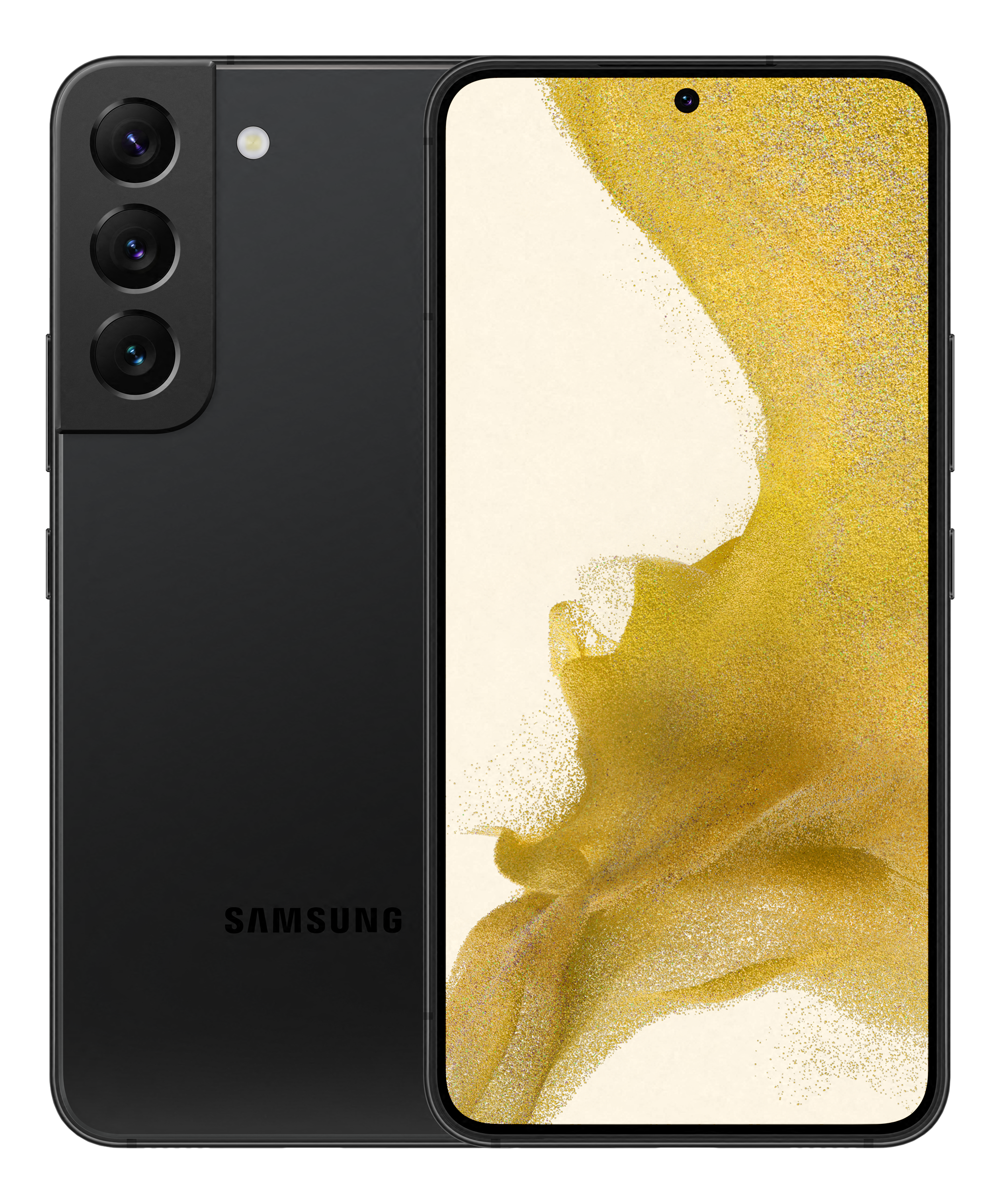 Ein schwarzes Samsung Galaxy S22 Telefon, Vorder- und Rückansicht, auf schwarzem Hintergrund dargestellt.