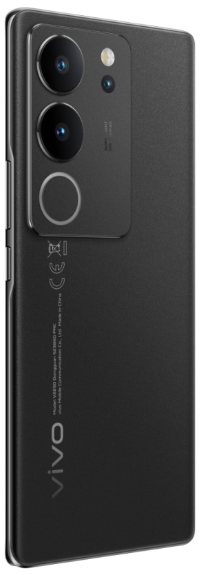 Ein schlankes schwarzes Smartphone mit mehreren Rückkameras, einem silbernen Rahmen und dem Vivo-Logo.