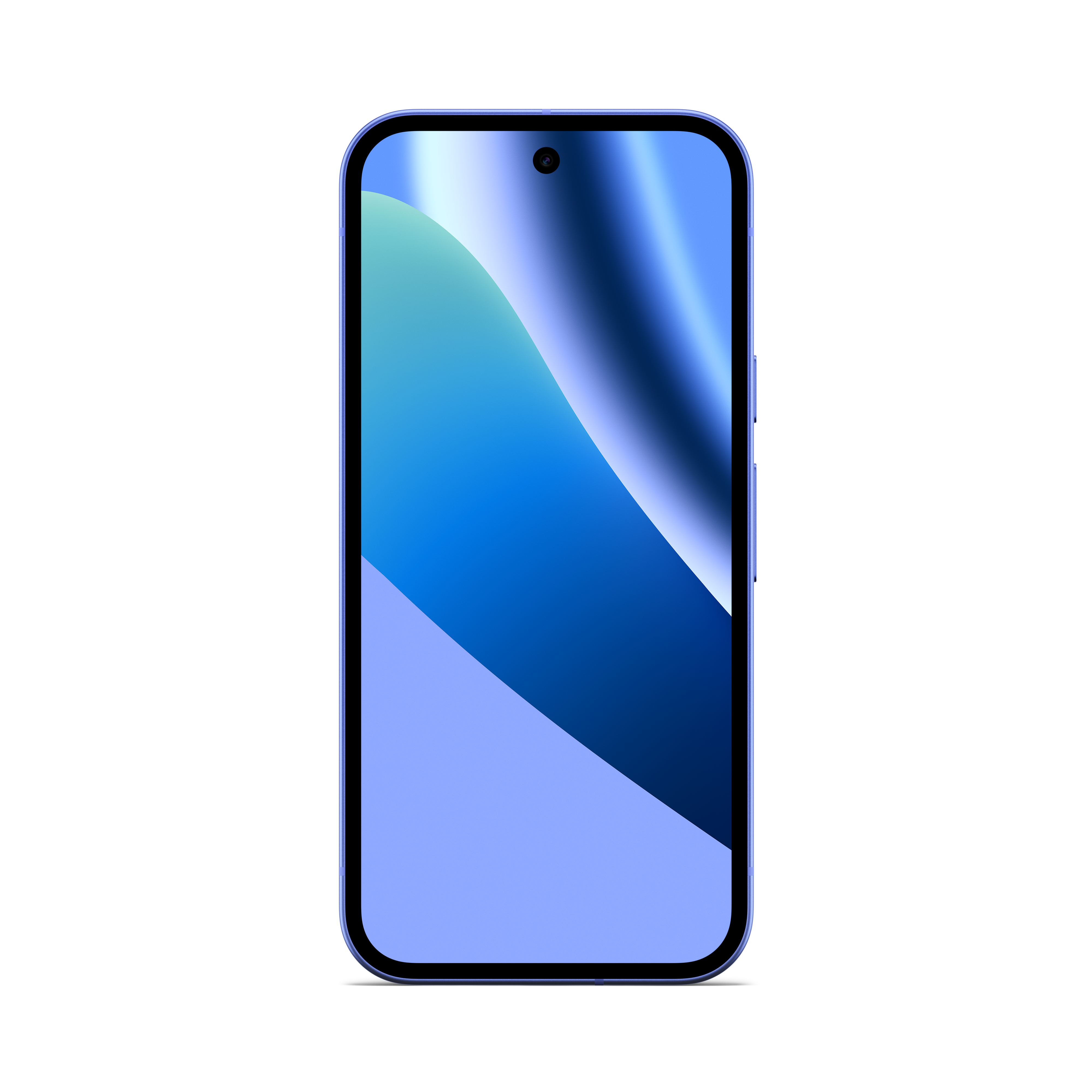Ein lila Smartphone mit einem blauen, wellenförmigen Hintergrundbild.