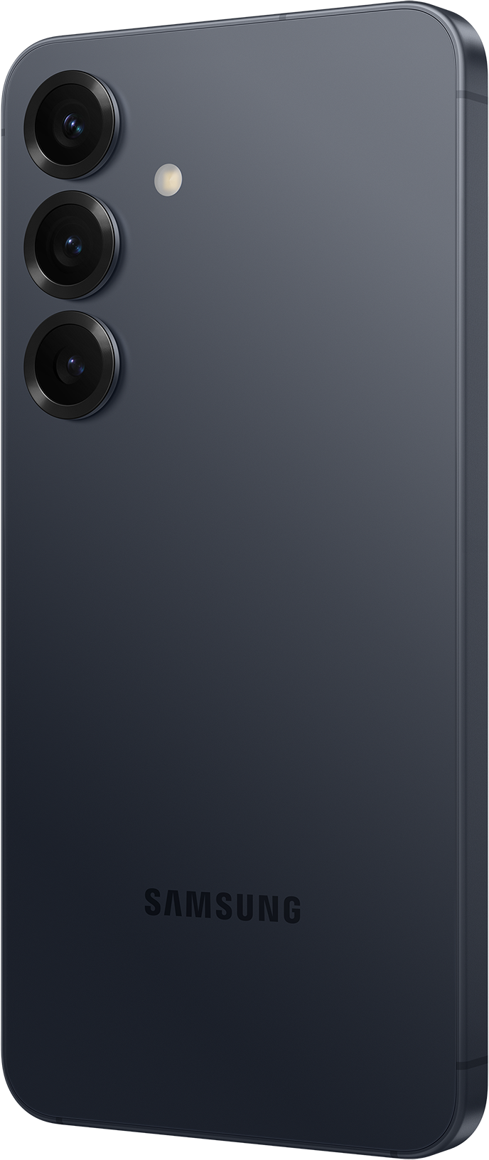 Dunkelblaues Samsung-Smartphone. Es hat drei Kameralinsen und einen Blitz auf der Rückseite. Das Samsung-Logo ist sichtbar.