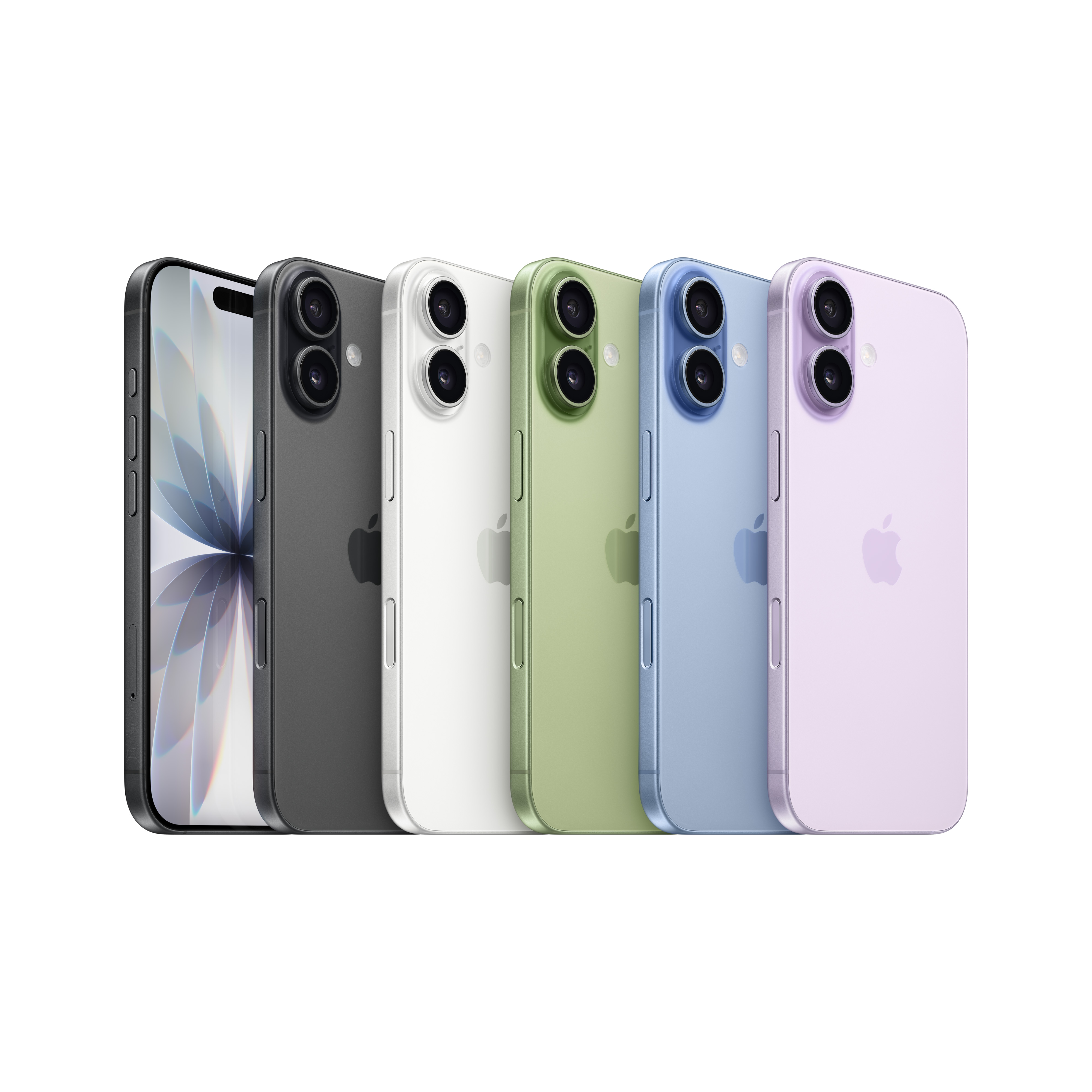Sechs Smartphones in einer Reihe, jedes in einer anderen Farbe: Schwarz, Weiß, Grün, Blau und Lavendel. Jedes Telefon hat zwei Kameras.