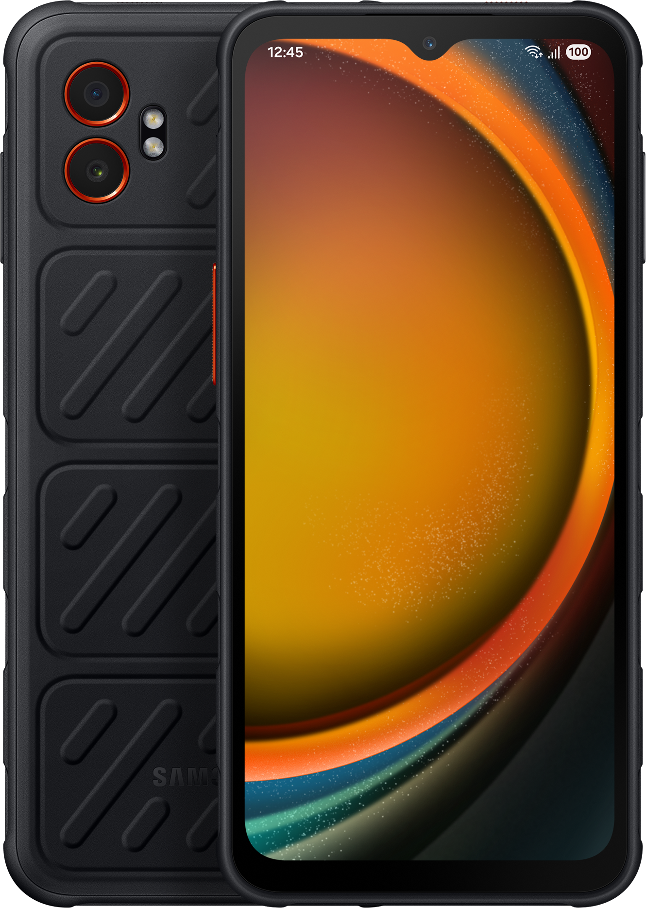 Robustes schwarzes Smartphone mit orangefarbenen Akzenten, Display sichtbar.