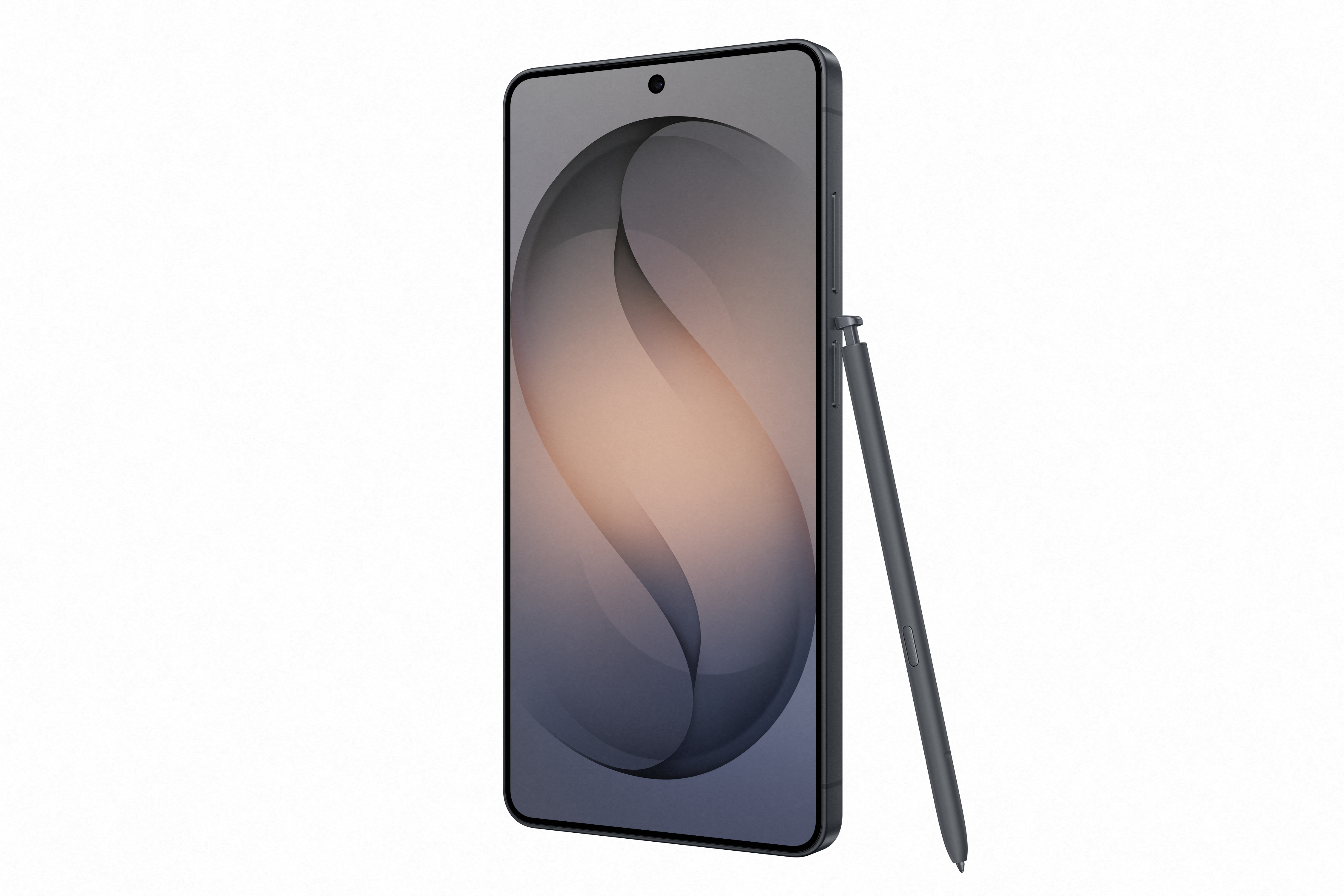 Dunkelgraues Smartphone mit Stift, das seitlich an einem weißen Hintergrund steht.