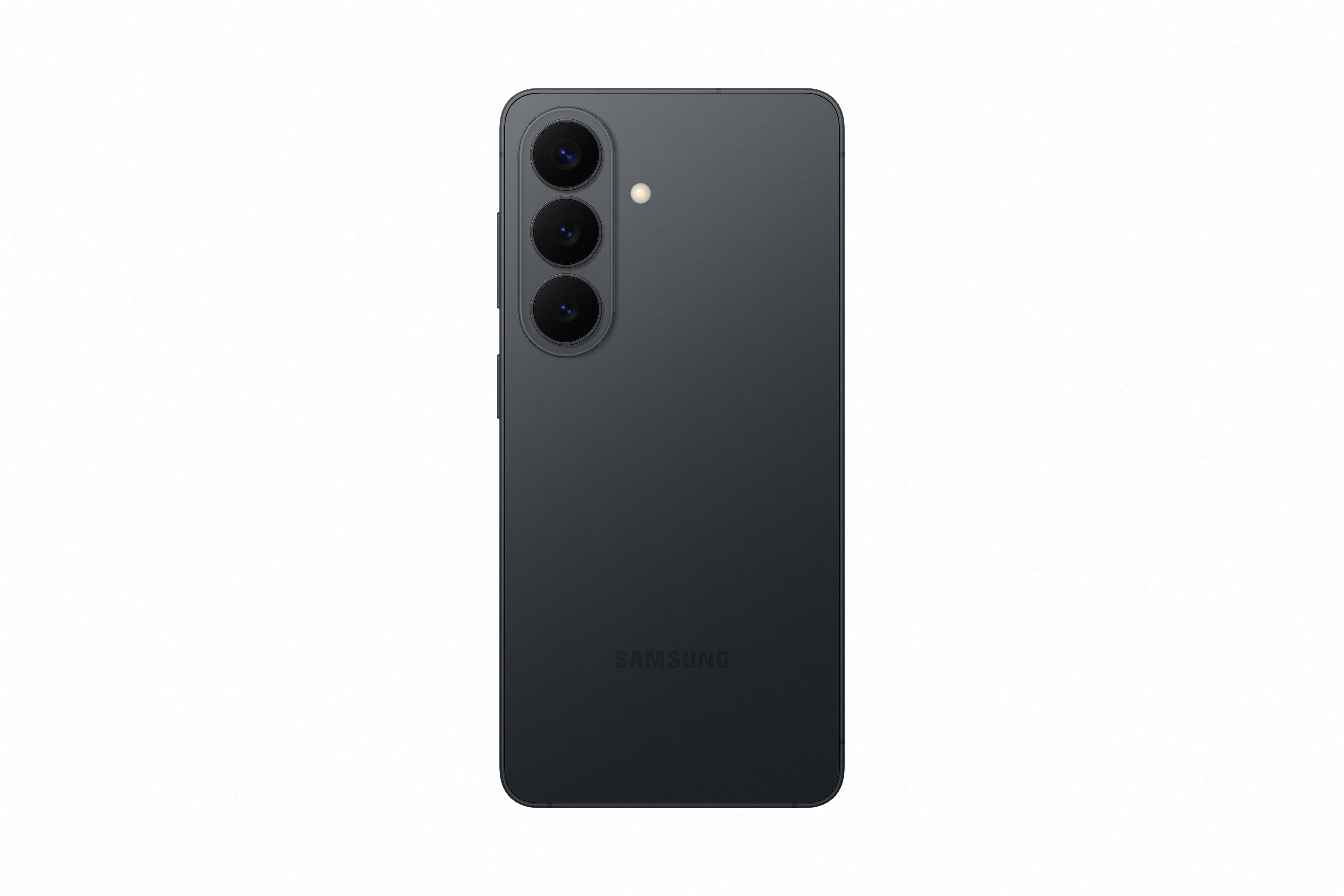 Dunkelgraues Samsung Smartphone mit drei Kameras und Blitz auf der Rückseite.