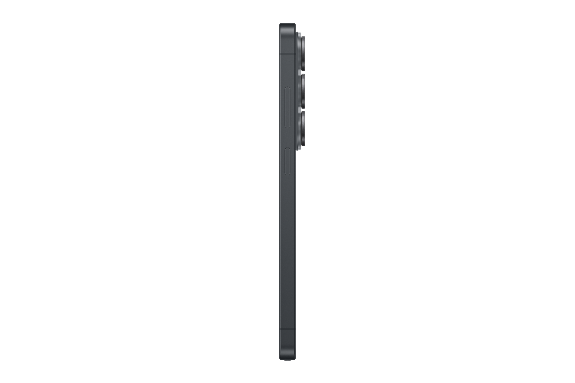 Dunkelgraues Smartphone im Seitenprofil mit drei Kameralinsen oben.