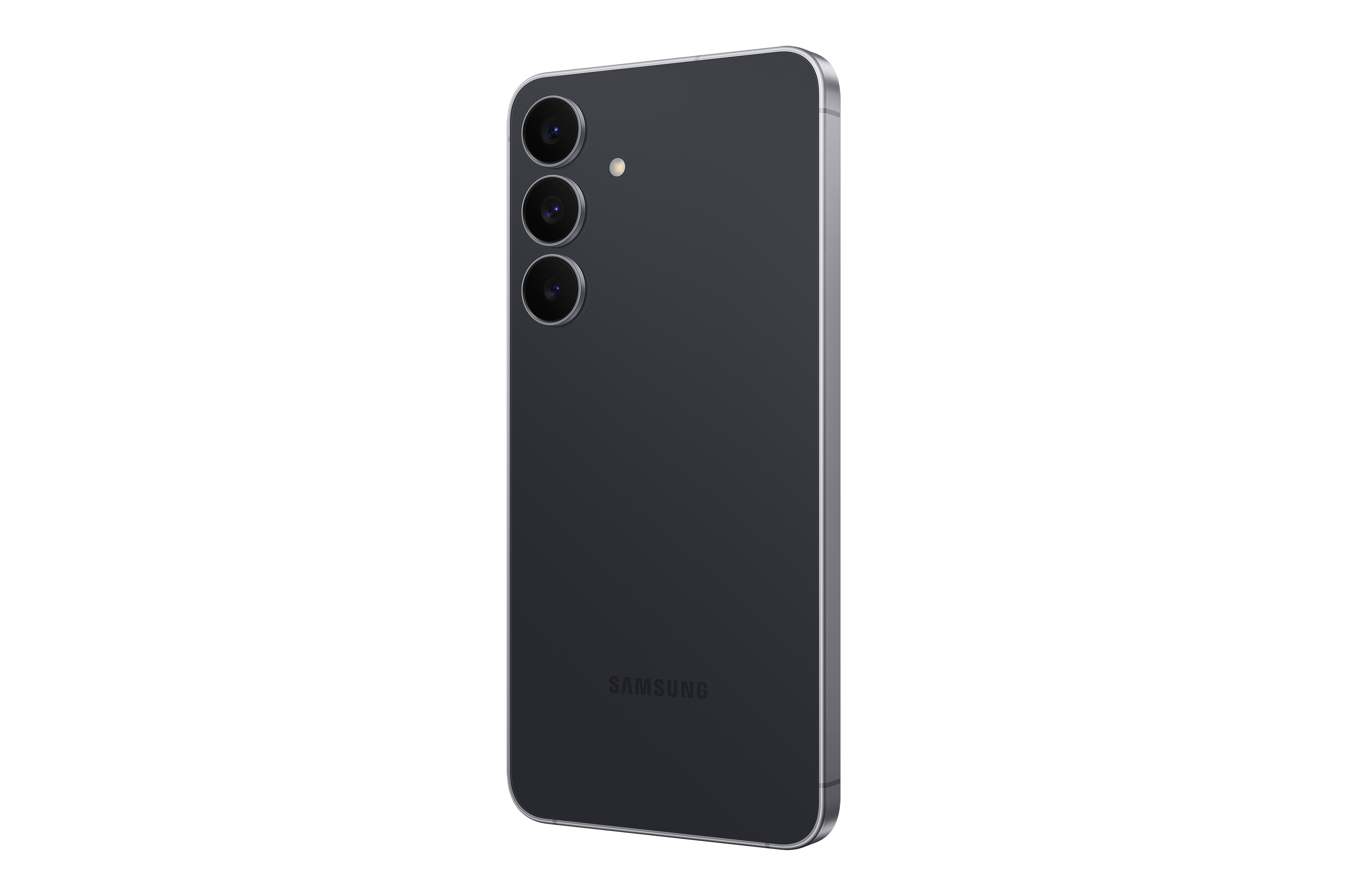 Ein dunkelgraues Samsung-Smartphone, das die Rückseite zeigt. Drei Kameras und ein Samsung-Logo sind auf schwarzem Hintergrund zu sehen.