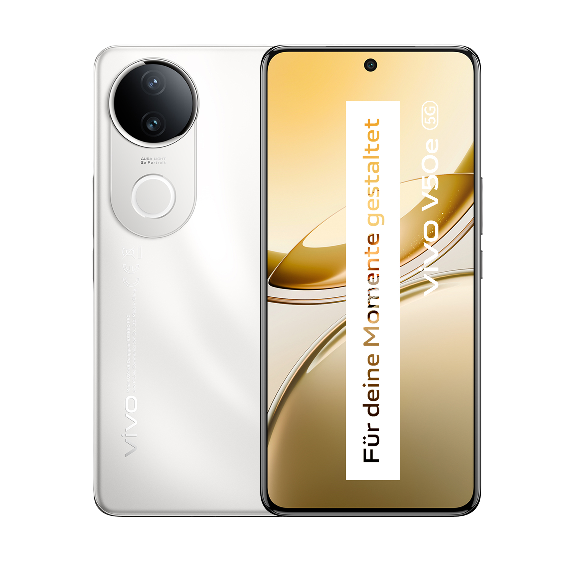 Weißes Smartphone zeigt Vorder- und Rückseite, Vivo V50e 5G.