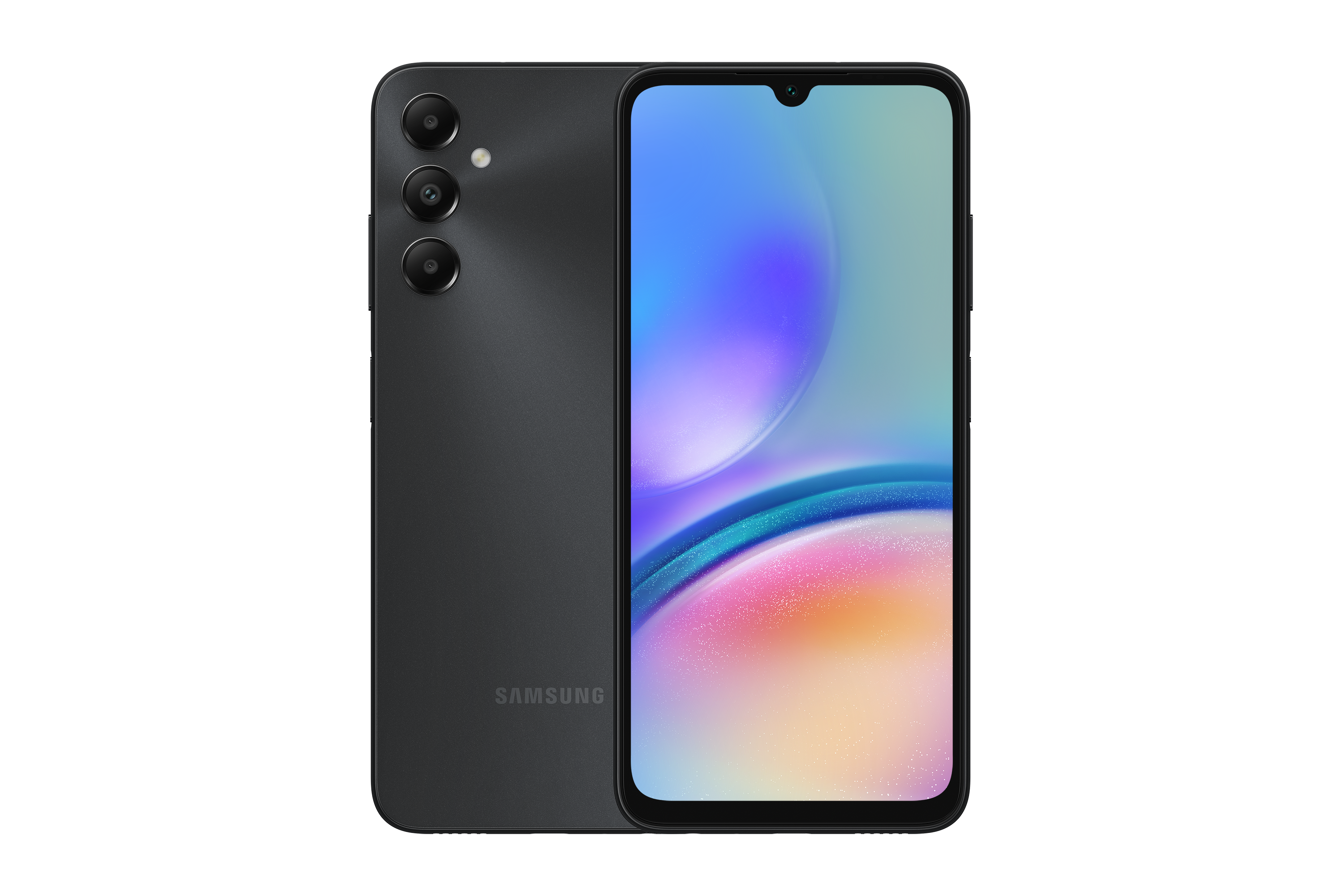 Ein Smartphone in grauer Farbe, Rück- und Vorderansicht. Mehrere Kameras auf der Rückseite.