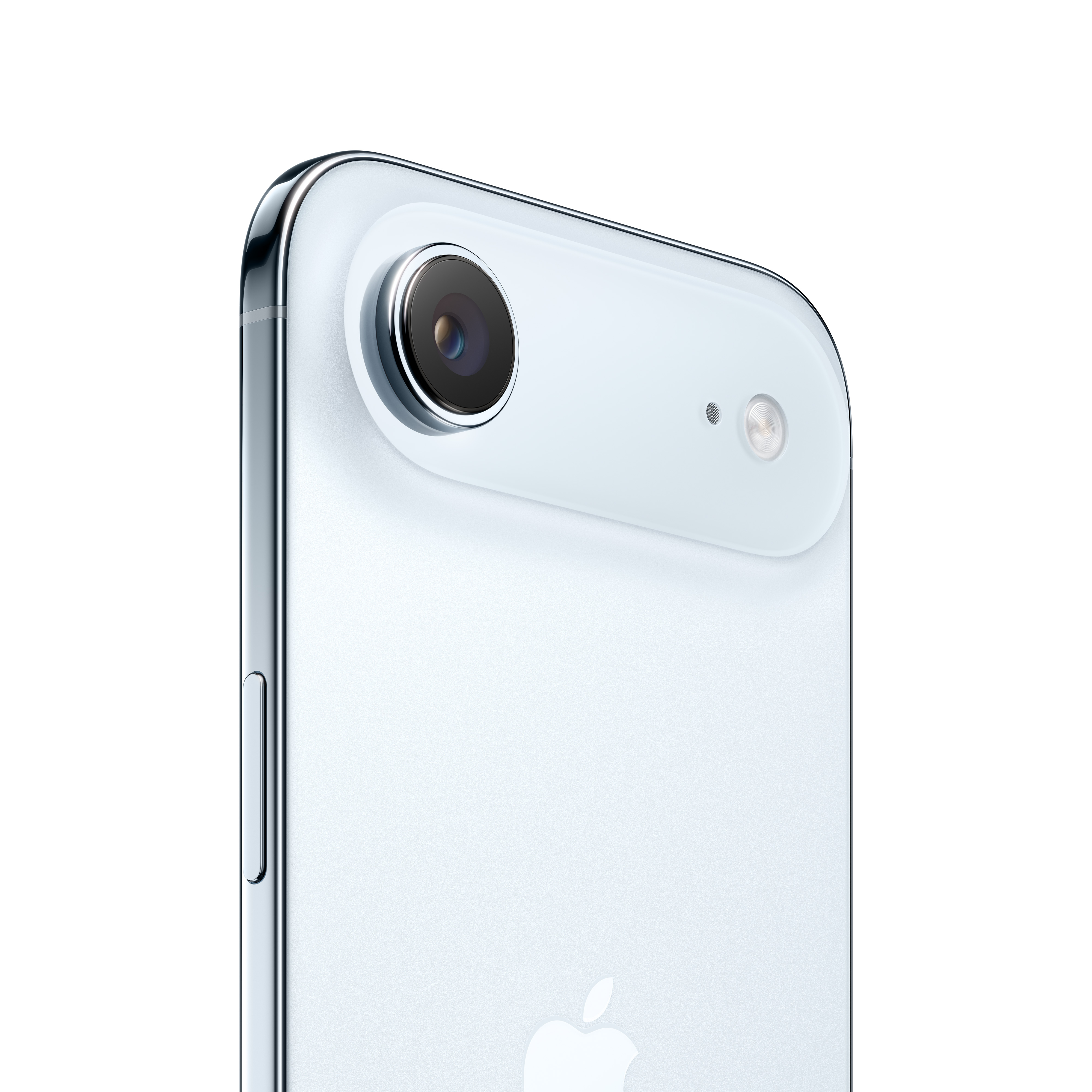 Nahaufnahme der Rückseite eines weißen Smartphones. Es hat eine Kamera, einen Blitz und das Apple-Logo.