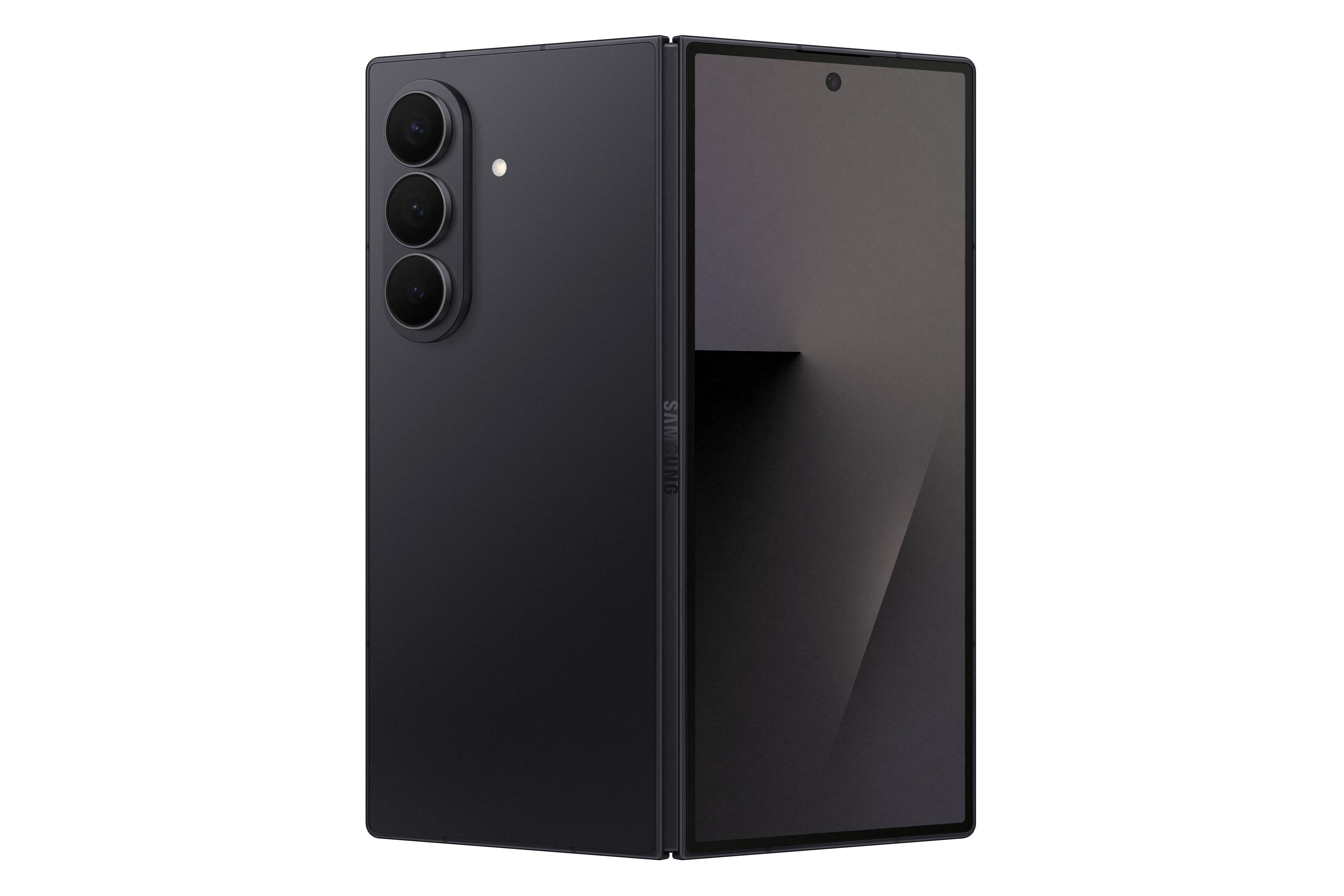 Ein schwarzes, faltbares Smartphone wird vor einem schwarzen Hintergrund gezeigt. Das Samsung-Logo ist sichtbar.