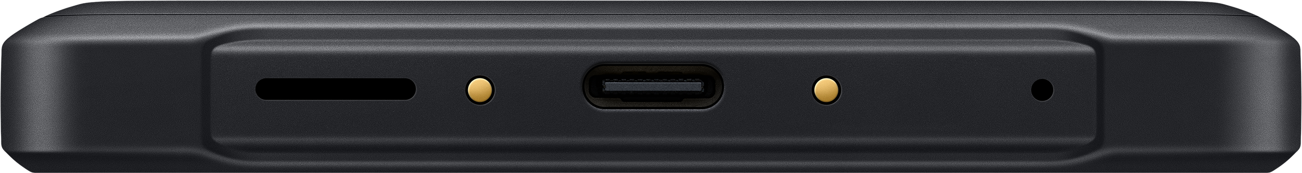 Nahaufnahme eines schwarzen Geräts mit USB-C-Anschluss und anderen Anschlüssen.