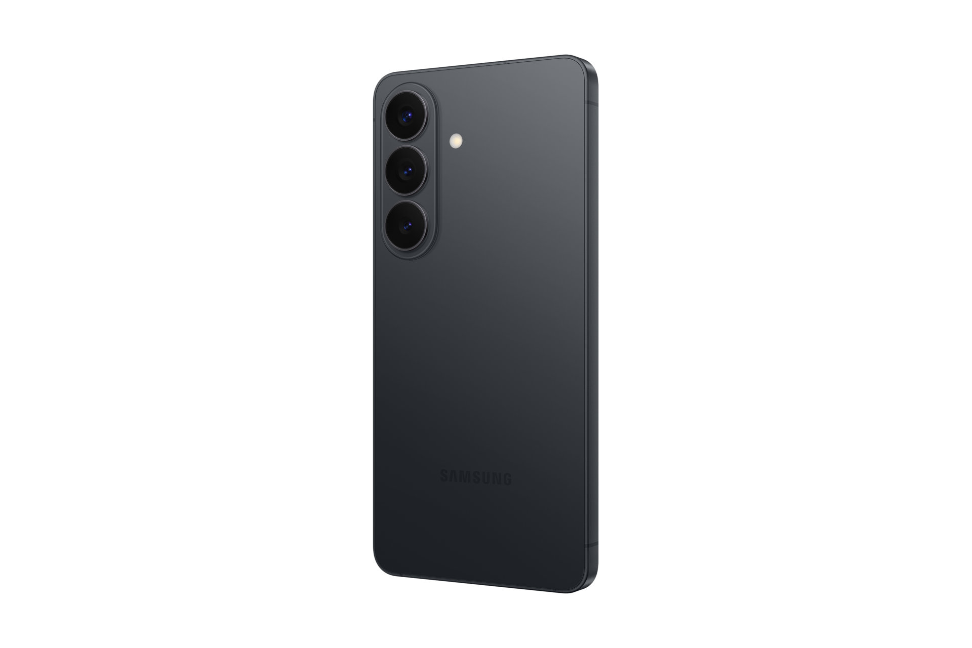 Dunkelgraues Smartphone von Samsung mit drei Kameras auf der Rückseite.