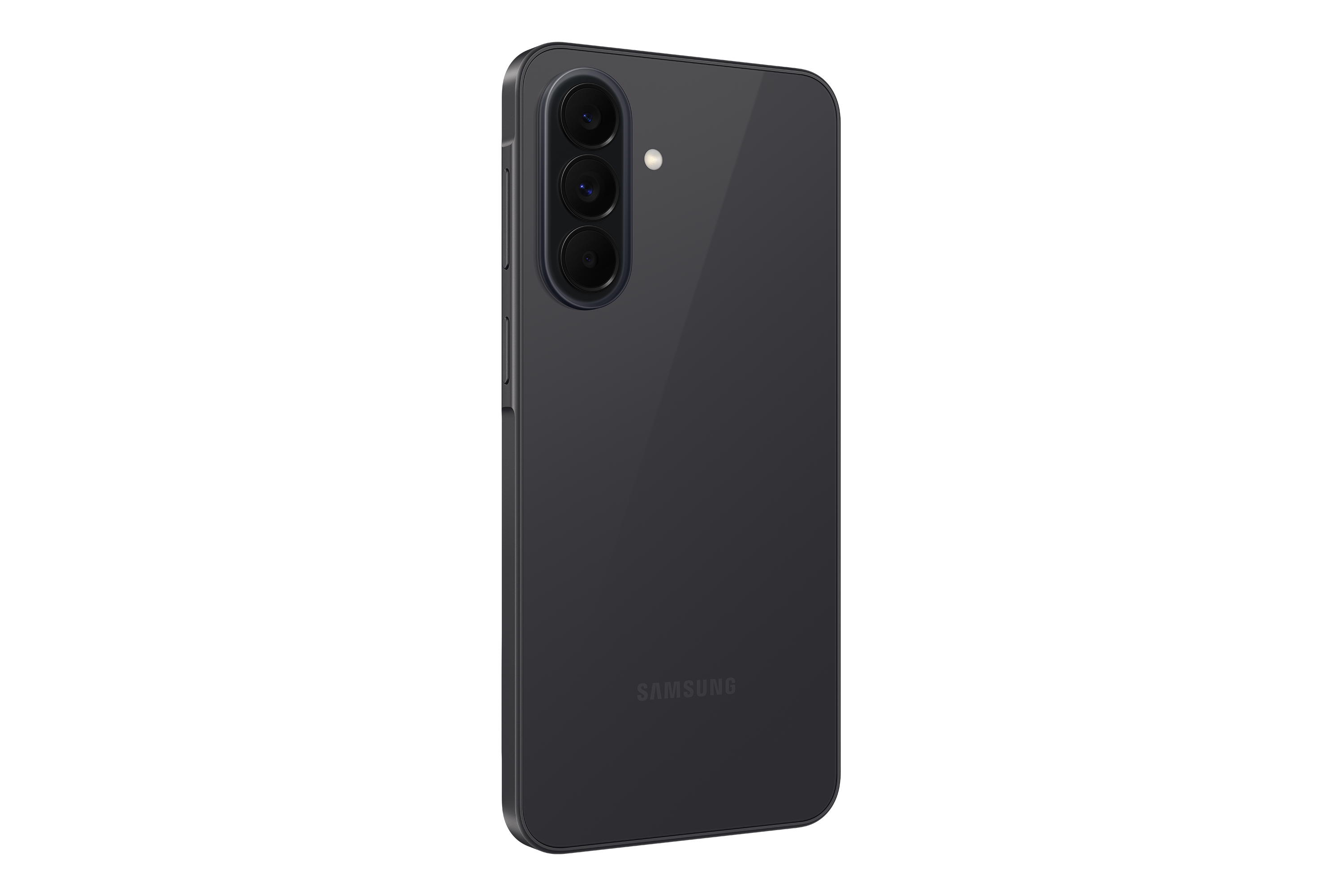 Dunkelgraues Smartphone mit drei Kameras und Blitz auf der Rückseite.