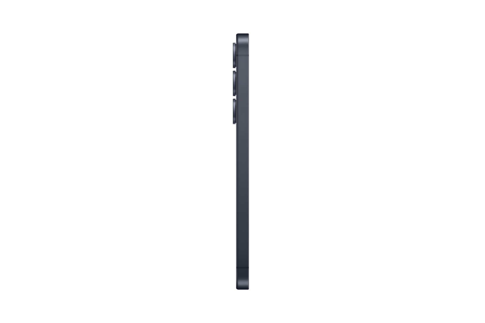 Dunkelgraues Smartphone im Profil vor schwarzem Hintergrund, mit drei Kameralinsen.