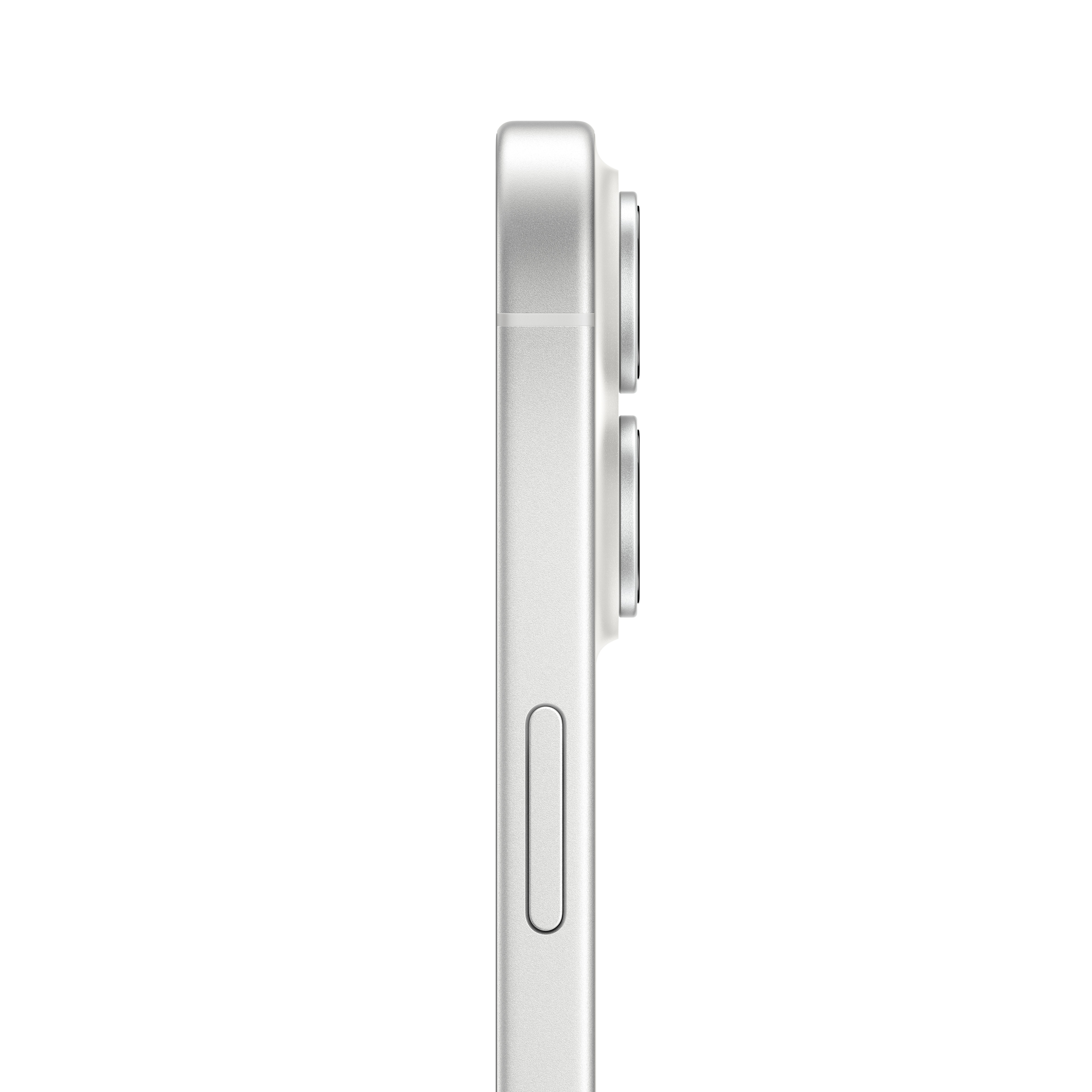 Seitenansicht eines silbernen Smartphones. Es hat zwei Kameralinsen und eine Lautstärketaste. Der Hintergrund ist weiß.