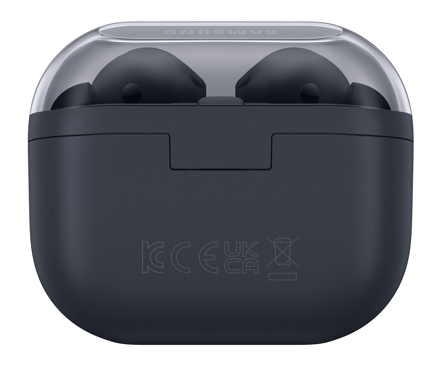 Dunkelgraues Samsung Galaxy Buds-Etui mit Ohrhörern. Transparenter Deckel und Samsung-Logo. Schwarzer Hintergrund.