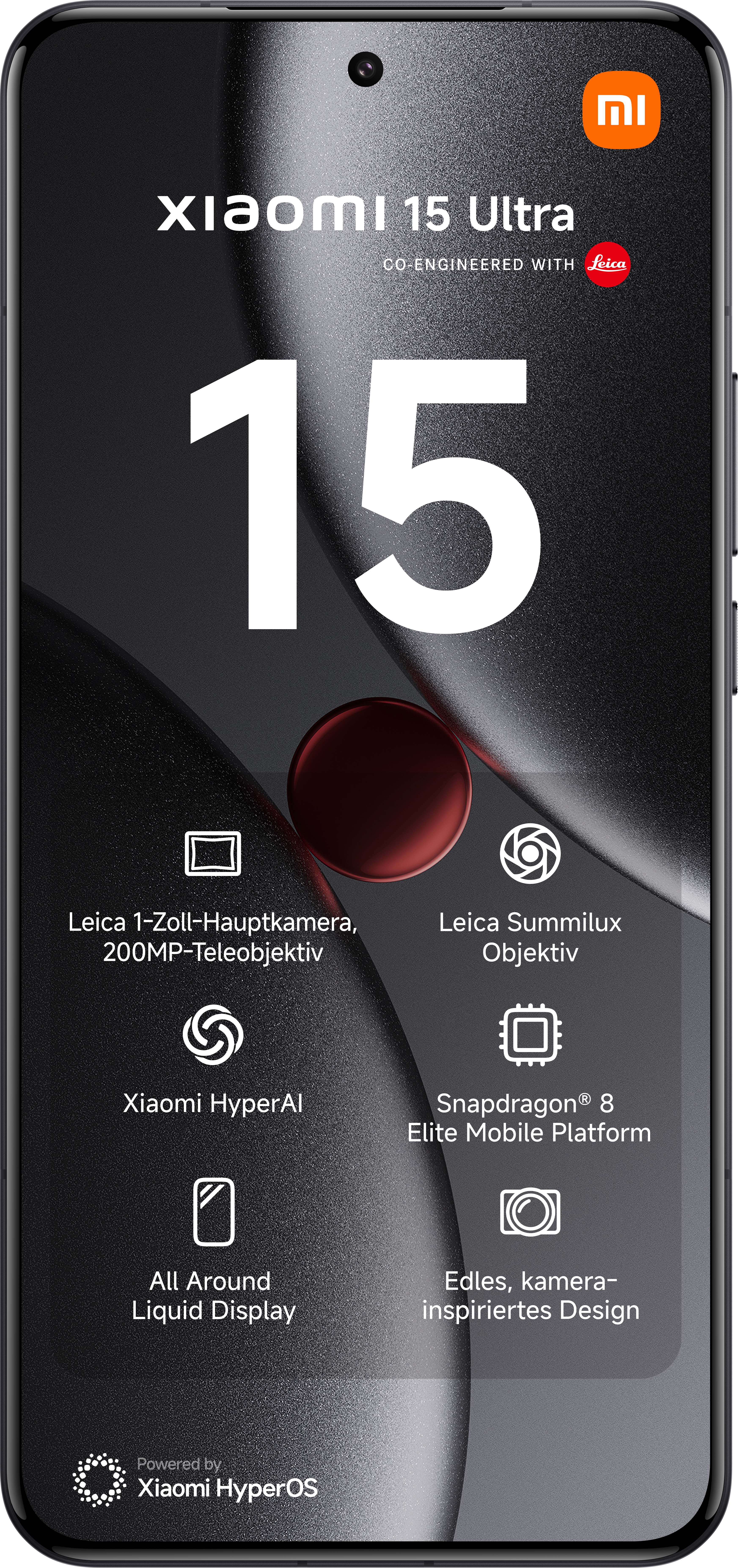 Xiaomi 15 Ultra Telefon auf dem Display. Informationen zum Telefon sind auch sichtbar.