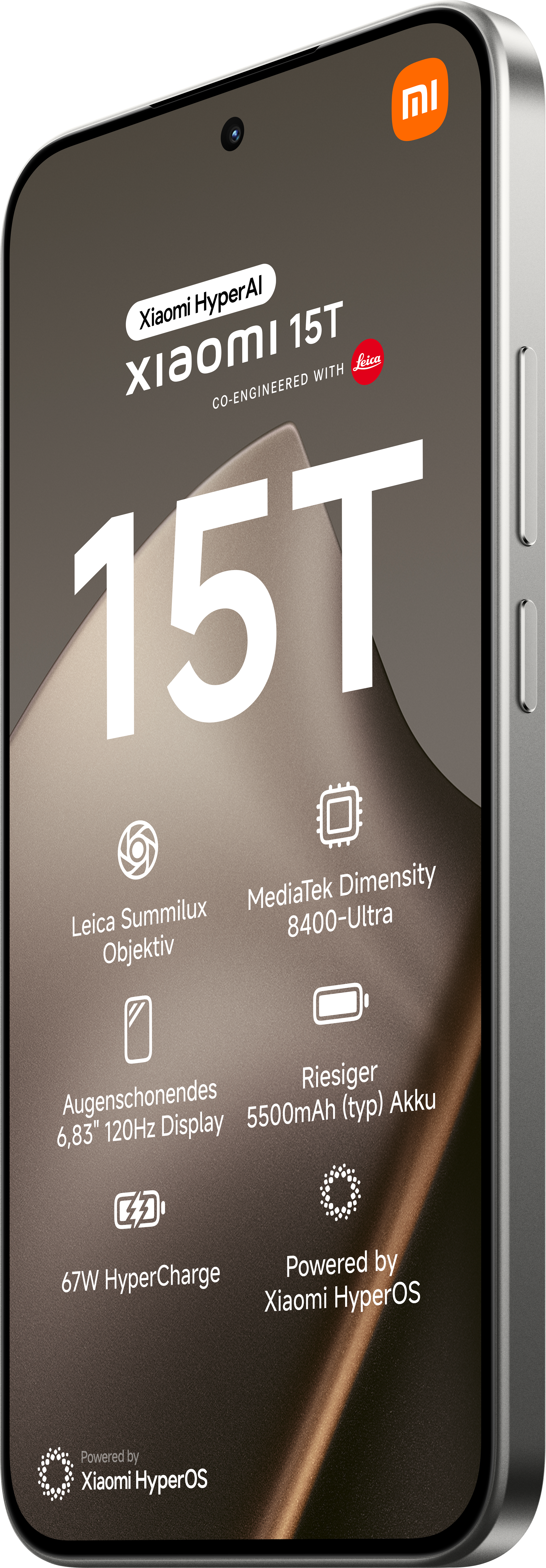Ein Xiaomi 15T-Telefon wird angezeigt. Es hat einen großen Bildschirm mit Text und Symbolen, die seine Funktionen bewerben, einschließlich Leica-Kamera.