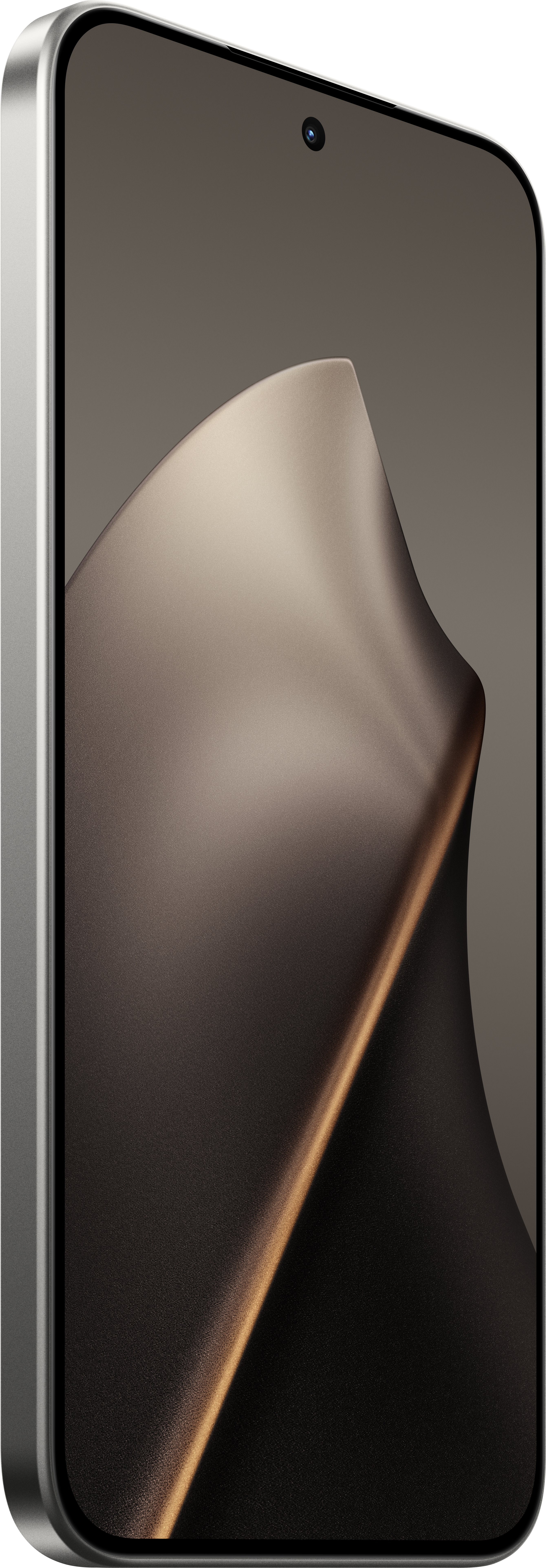 Ein silbernes Smartphone zeigt eine abstrakte braune Form. Das Telefon hat oben eine Kamera. Der Hintergrund ist ein brauner Farbverlauf.