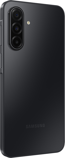 Schwarzes Smartphone, schräge Ansicht. Es hat drei Rückkameras, einen Blitz und das Samsung-Logo. Die Seite hat Lautstärketasten.