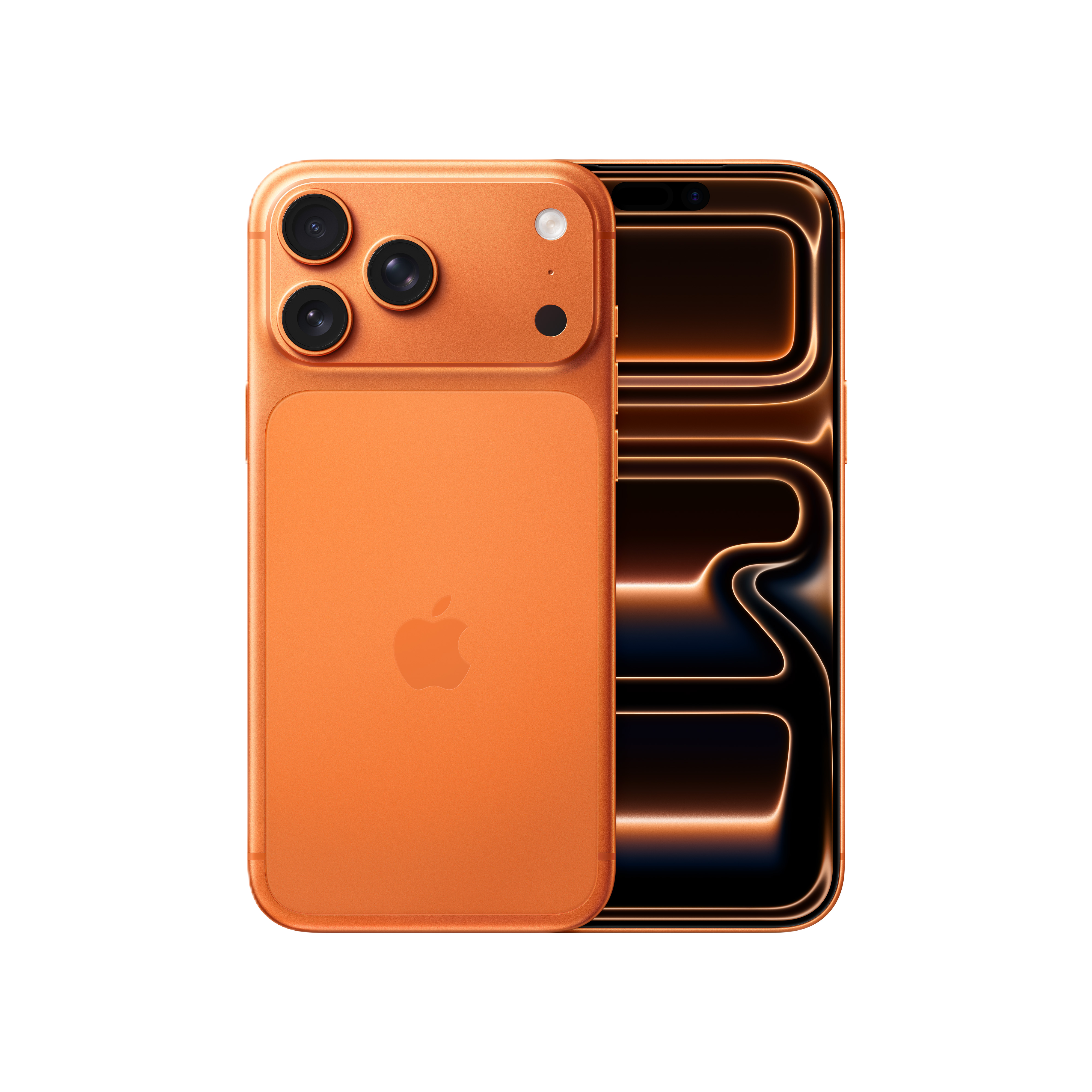 Ein orangefarbenes Smartphone, das die Rückseite mit Apple-Logo und Dreifachkamera sowie den Bildschirm zeigt.