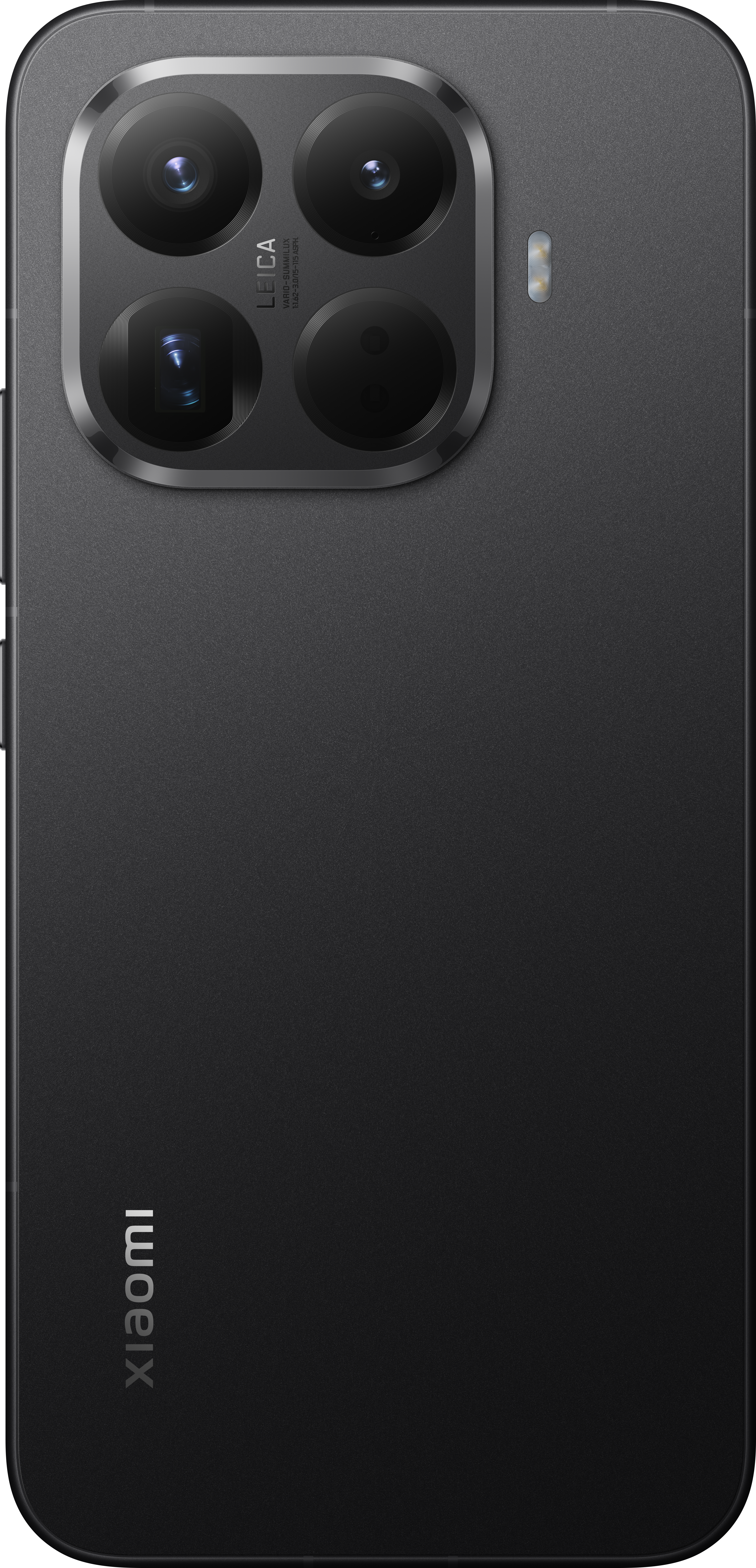 Schwarze Smartphone-Rückseite. Verfügt über ein Kameramodul mit vier Objektiven und einem Blitz. Das Xiaomi-Logo ist vertikal ausgerichtet.