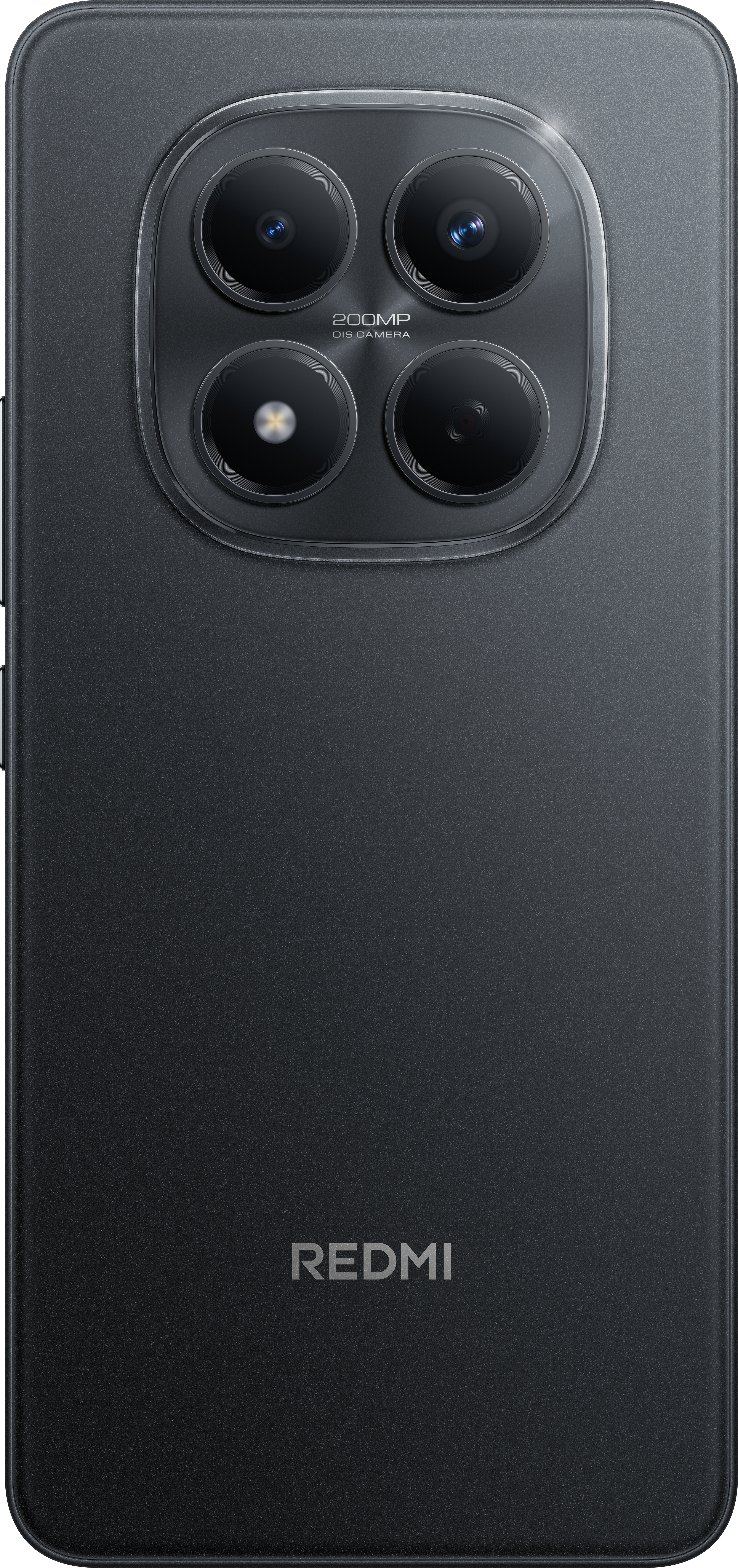 Die Rückseite eines schwarzen Redmi-Telefons. Es hat vier Kameralinsen und den Markennamen unten. Das Telefon ist dunkelgrau.