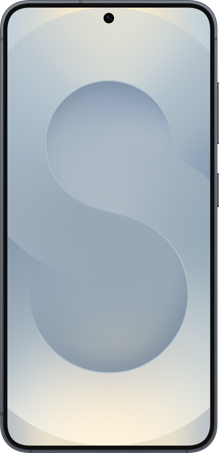 Ein Smartphone-Bildschirm zeigt ein hellblaues, S-förmiges Design. Der Bildschirm hat oben eine Kamera und einen dunklen Rand.